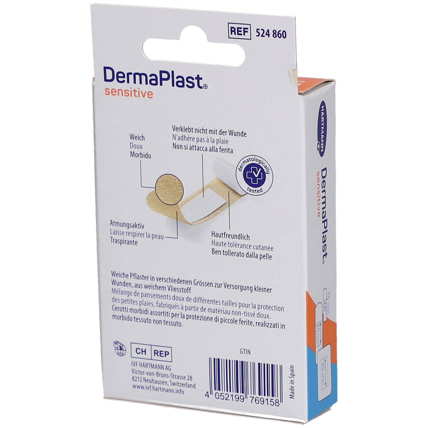 Rückseite der DermaPlast Sensitive Family Verpackung. Text: Nicht mit Wunde verkleben, atmungsaktiv, hautfreundlich.