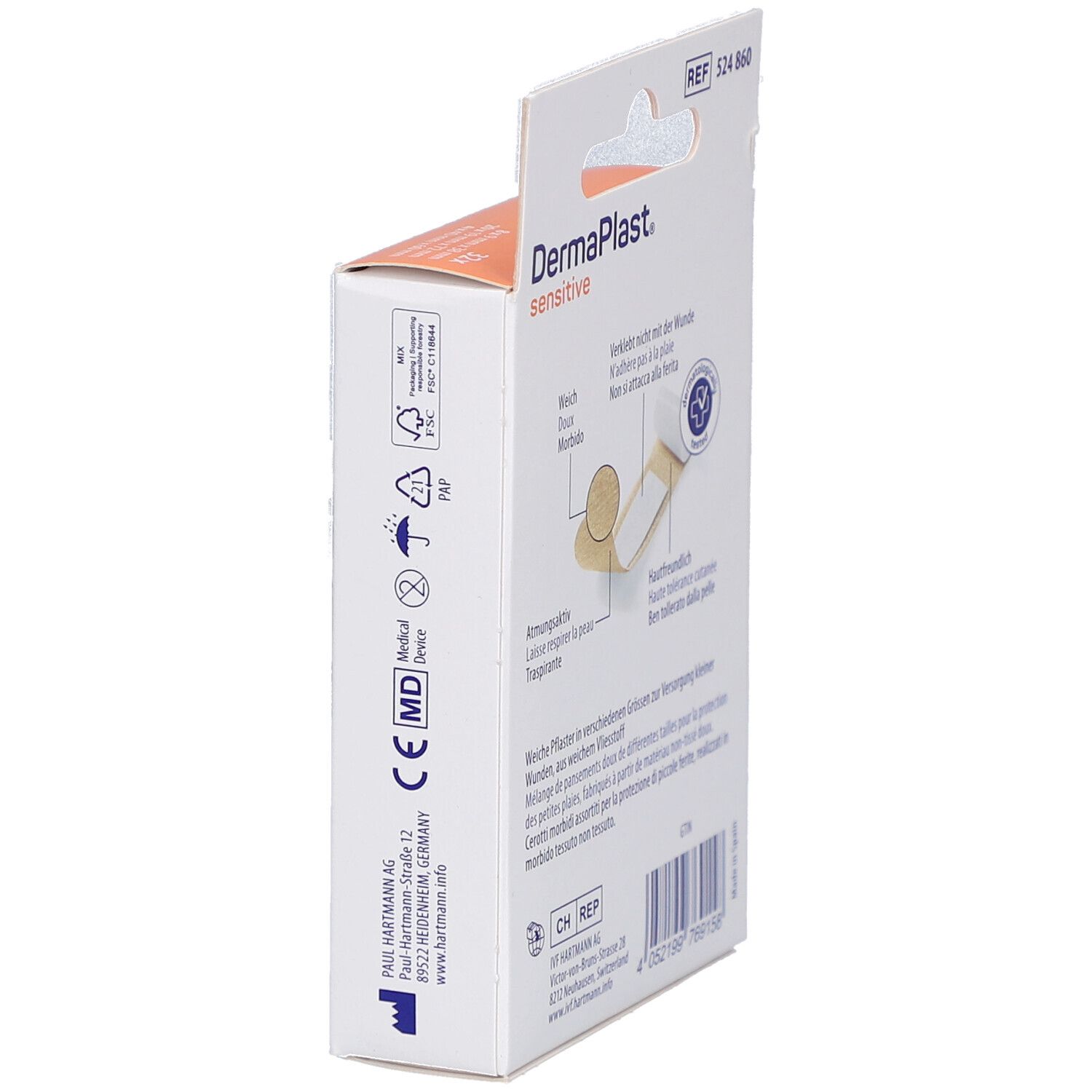 Seitenansicht der DermaPlast Sensitive Family Verpackung. Text: Nicht mit Wunde verkleben, atmungsaktiv, hautfreundlich.