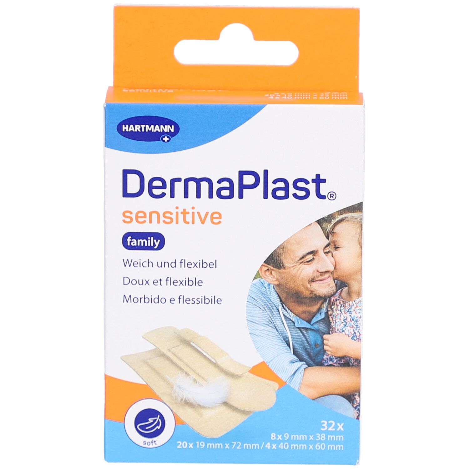 Vorderansicht der DermaPlast Sensitive Family Verpackung. Enthält 32 Pflaster. Marke Hartmann sichtbar.