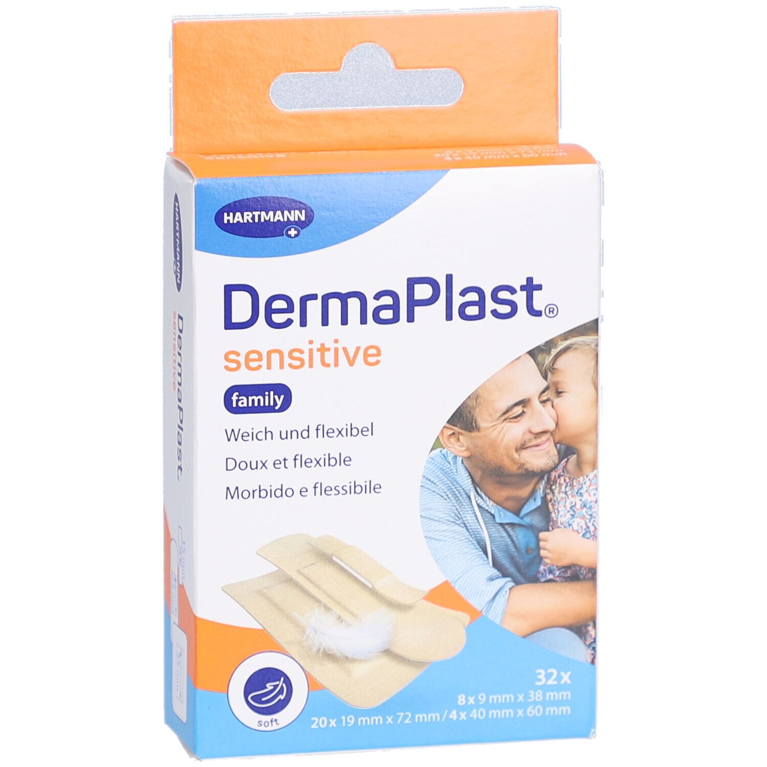 Vorderansicht der DermaPlast Sensitive Family Verpackung. Enthält 32 Pflaster. Marke Hartmann sichtbar.