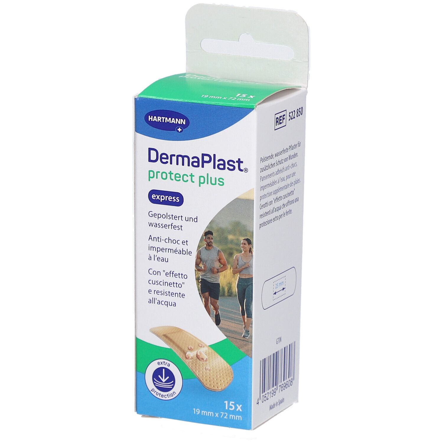 Verpackung von DermaPlast protect plus express. Grün-weiße Schachtel mit Produktabbildung und Text. 15 Pflaster, 19 x 72 mm.