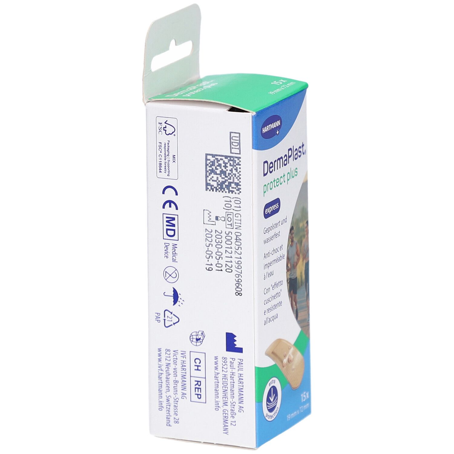 Seitenansicht der DermaPlast protect plus express Verpackung. Text, Logos, und CE-Kennzeichnung sind sichtbar. Enthält QR-Code.