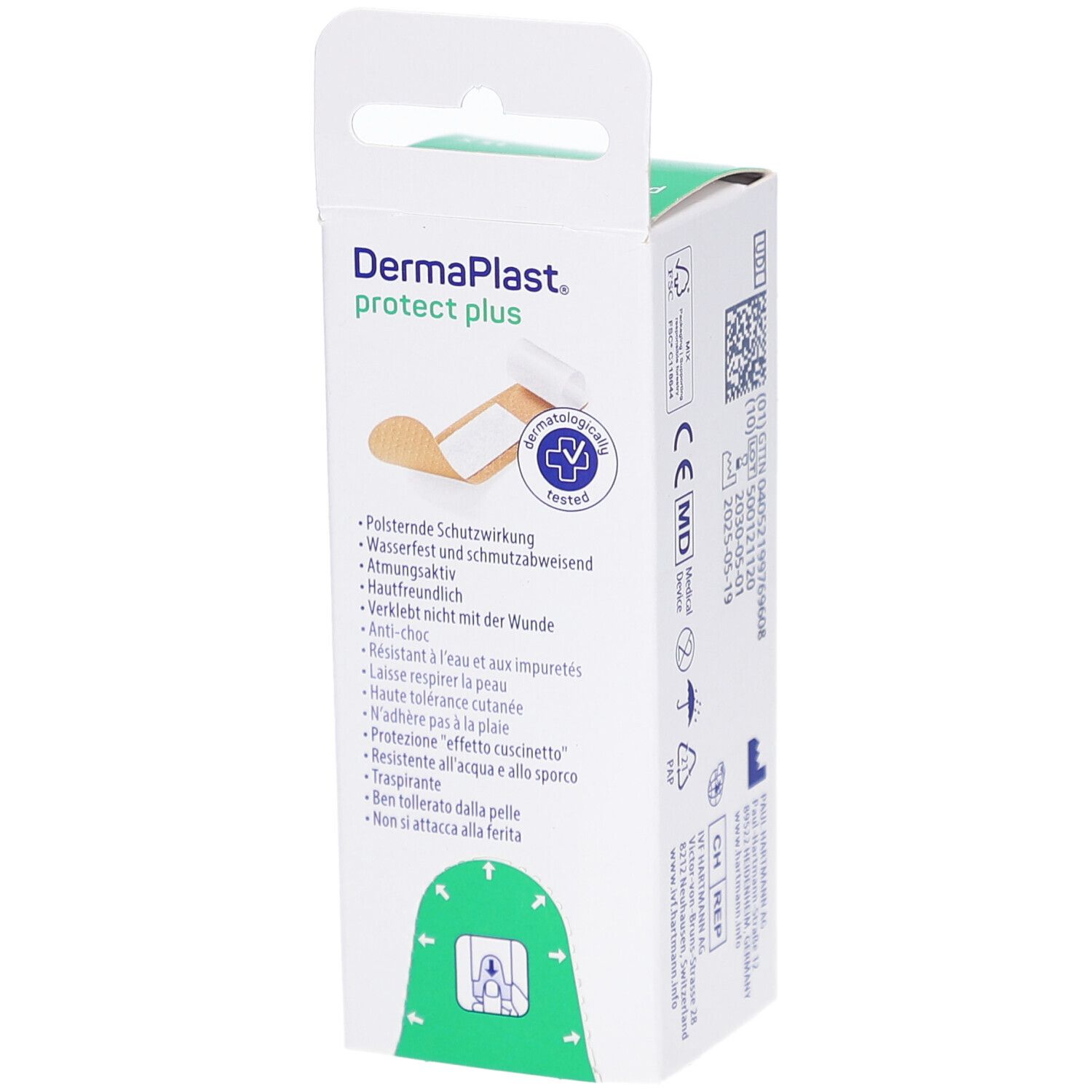 Verpackung von DermaPlast protect plus express. Text und Produktmerkmale sind auf der Verpackung aufgedruckt. CE-Kennzeichnung.