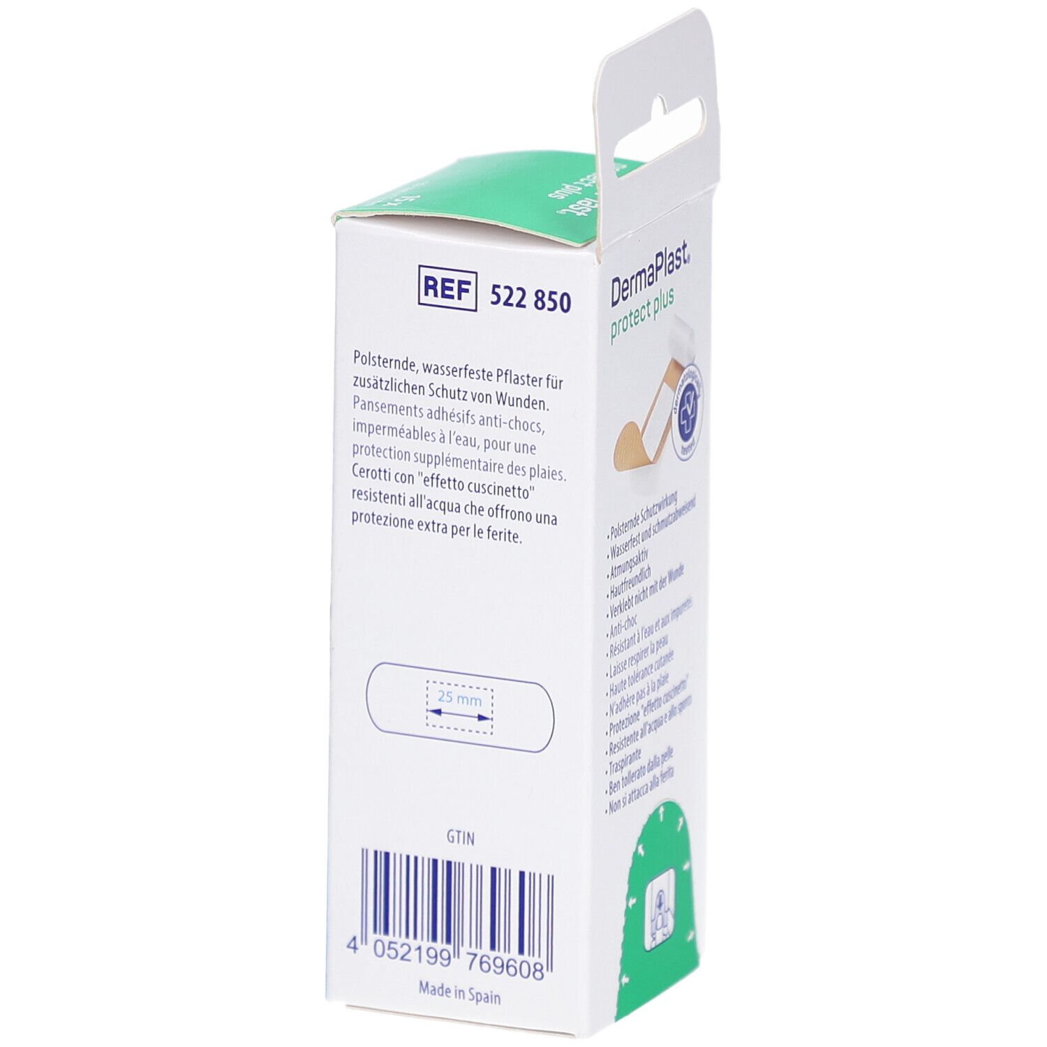 Rückseite der DermaPlast protect plus express Verpackung. Text, Barcode und REF-Nummer 522 850 sind sichtbar.