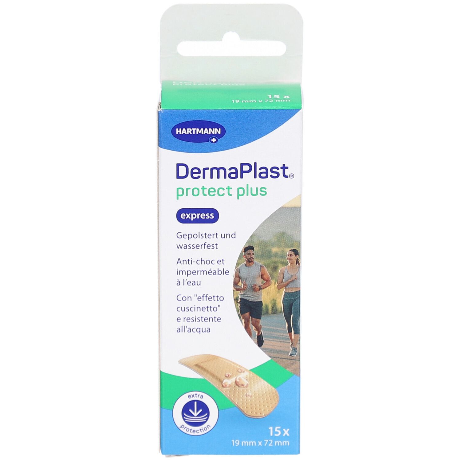 Vorderseite der DermaPlast protect plus express Verpackung. Grün-weiße Schachtel mit Produktabbildung und Text. 15 Pflaster, 19 x 72 mm.