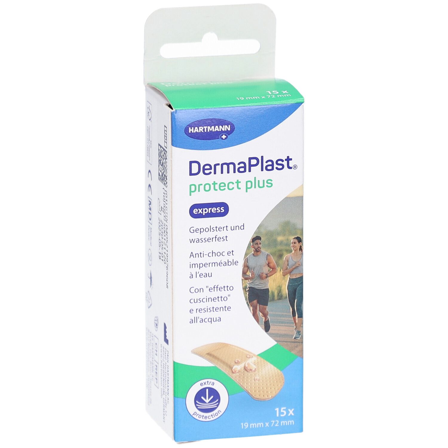 Vorderseite der DermaPlast protect plus express Verpackung. Grün-weiße Schachtel mit Produktabbildung und Text. 15 Pflaster, 19 x 72 mm.