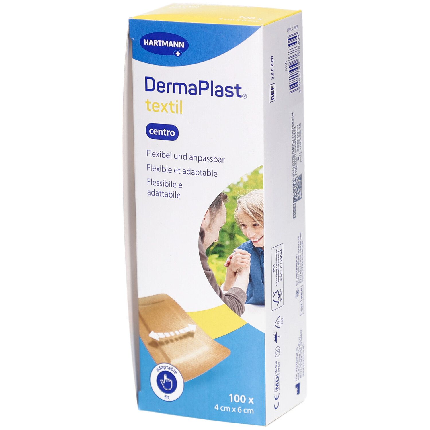 Verpackung von DERMAPLAST® Textil Centro Pansements. Enthält 100 Pflaster, 4 cm x 6 cm. Marke und Produktbezeichnung deutlich sichtbar.