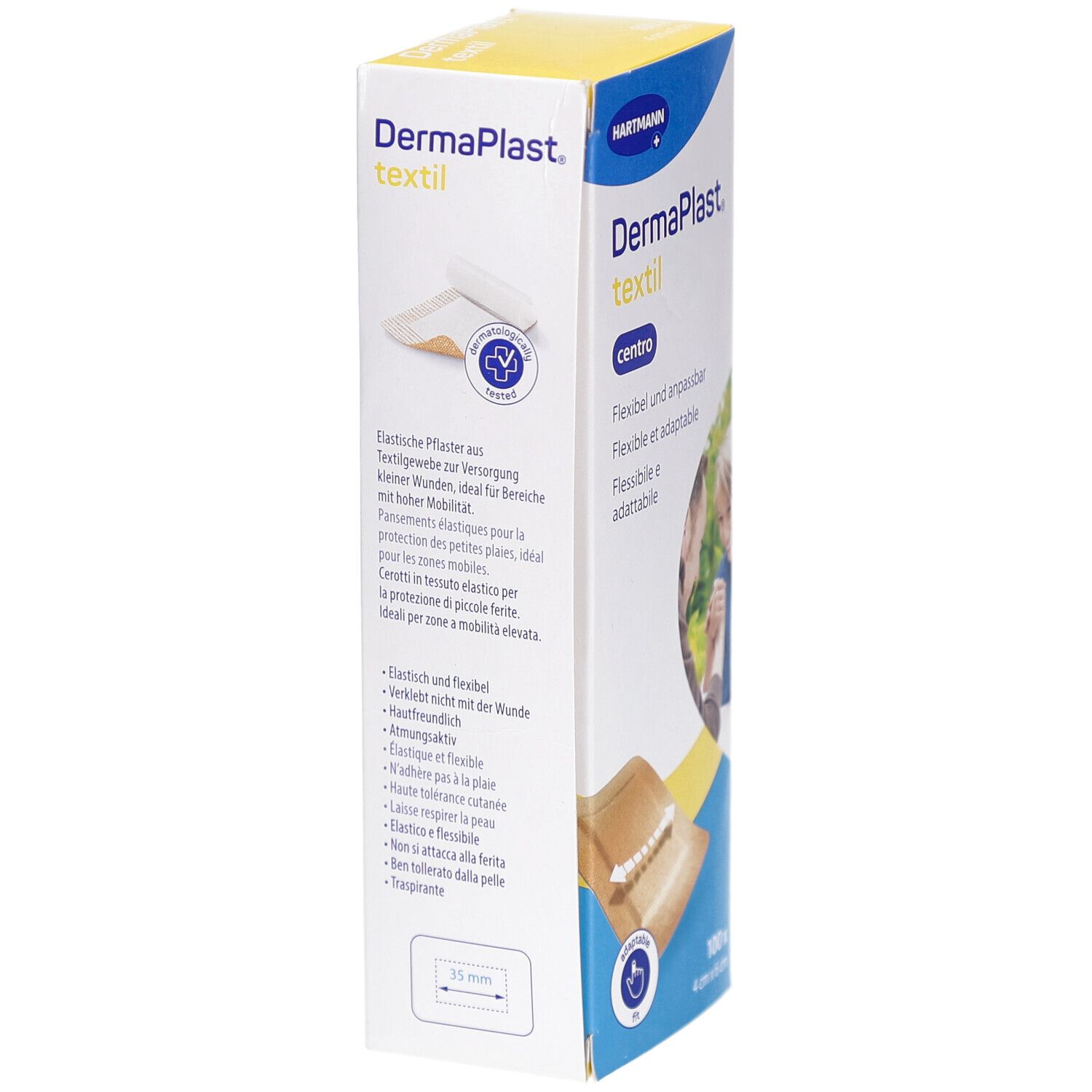 Seitenansicht der Verpackung von DERMAPLAST® Textil Centro Pansements. Textliche Produktinformationen und Abbildung eines Pflasters.