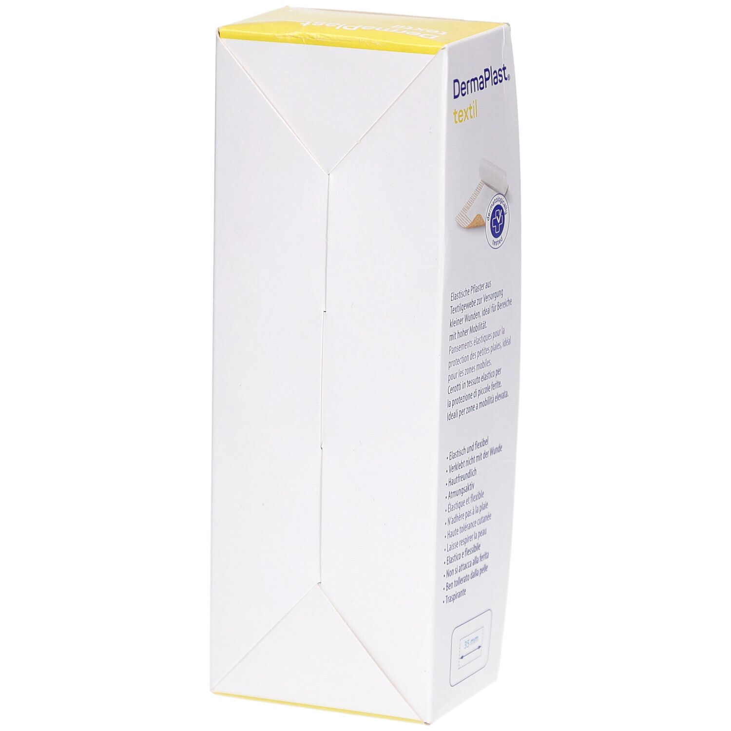 Seitenansicht der Verpackung von DERMAPLAST® Textil Centro Pansements. Nur die Verpackung ohne weitere Details.