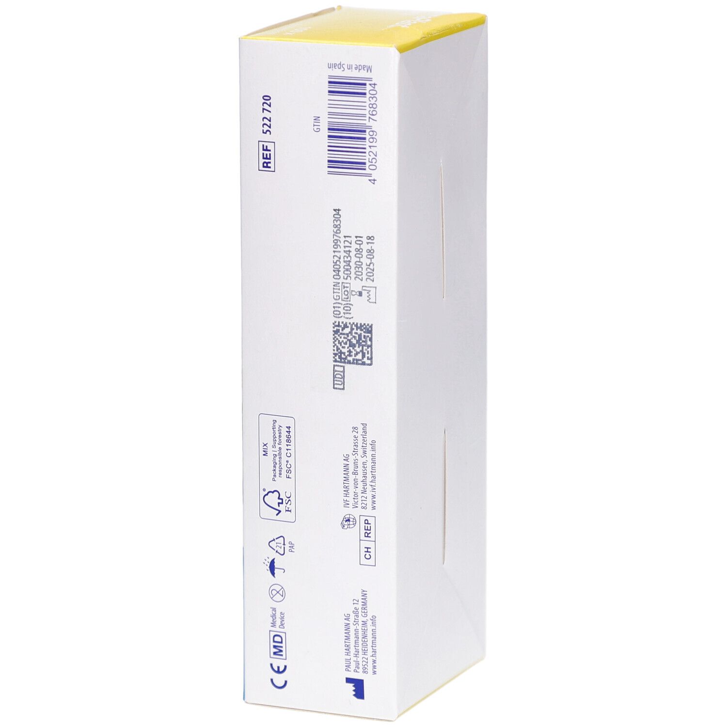 Rückseite der Verpackung von DERMAPLAST® Textil Centro Pansements. Enthält Informationen wie Chargennummer und Barcode.