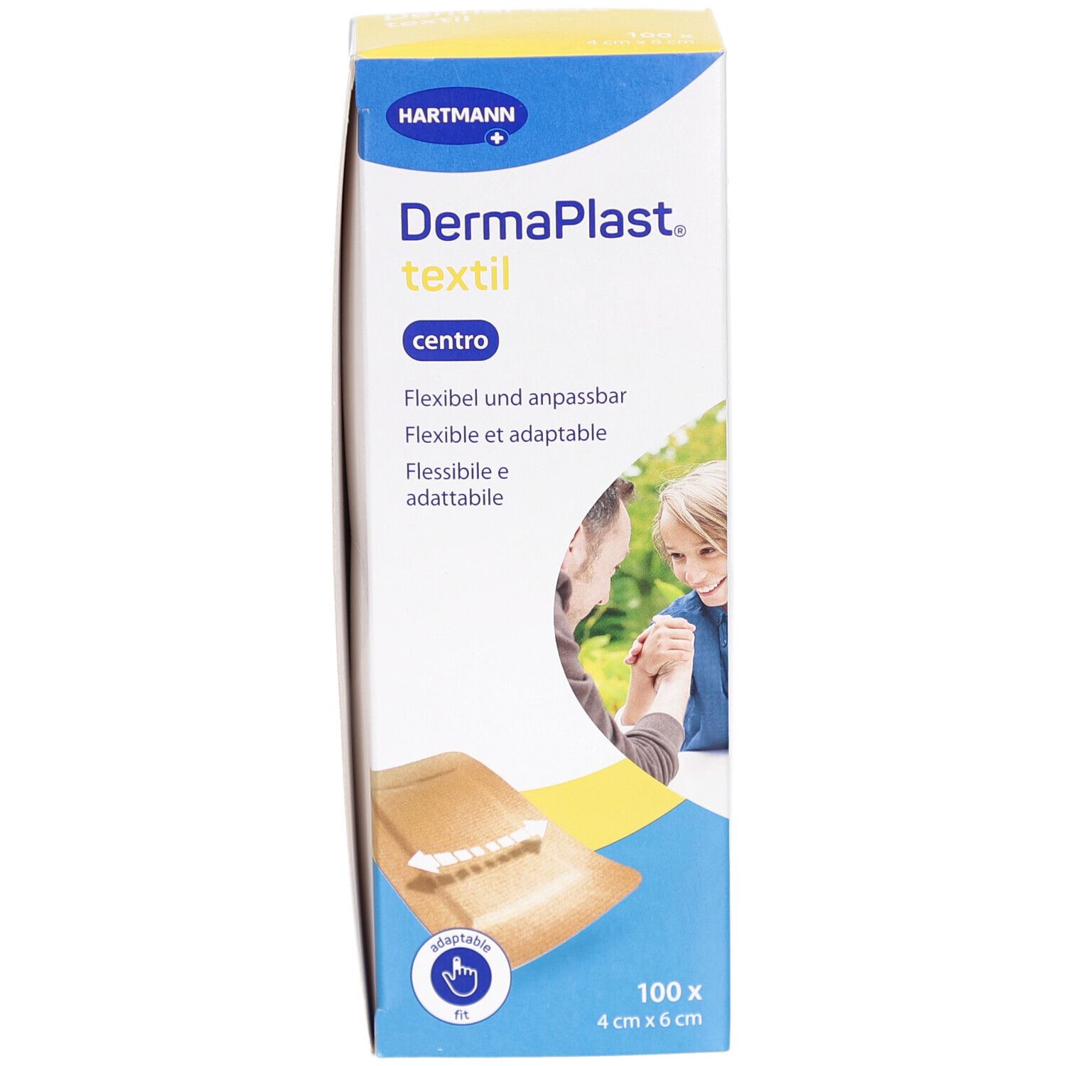 Vorderansicht der Verpackung von DERMAPLAST® Textil Centro Pansements. Marke, Produktname und Packungsinhalt deutlich sichtbar.