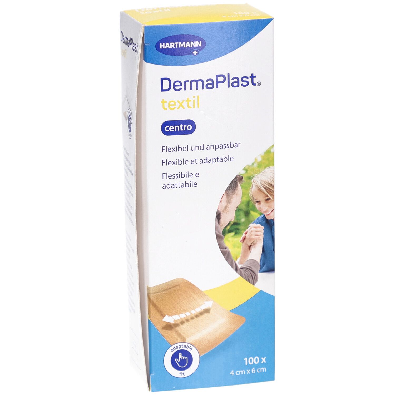 Vorderansicht der Verpackung von DERMAPLAST® Textil Centro Pansements. Marke, Produktname und Packungsinhalt deutlich sichtbar.