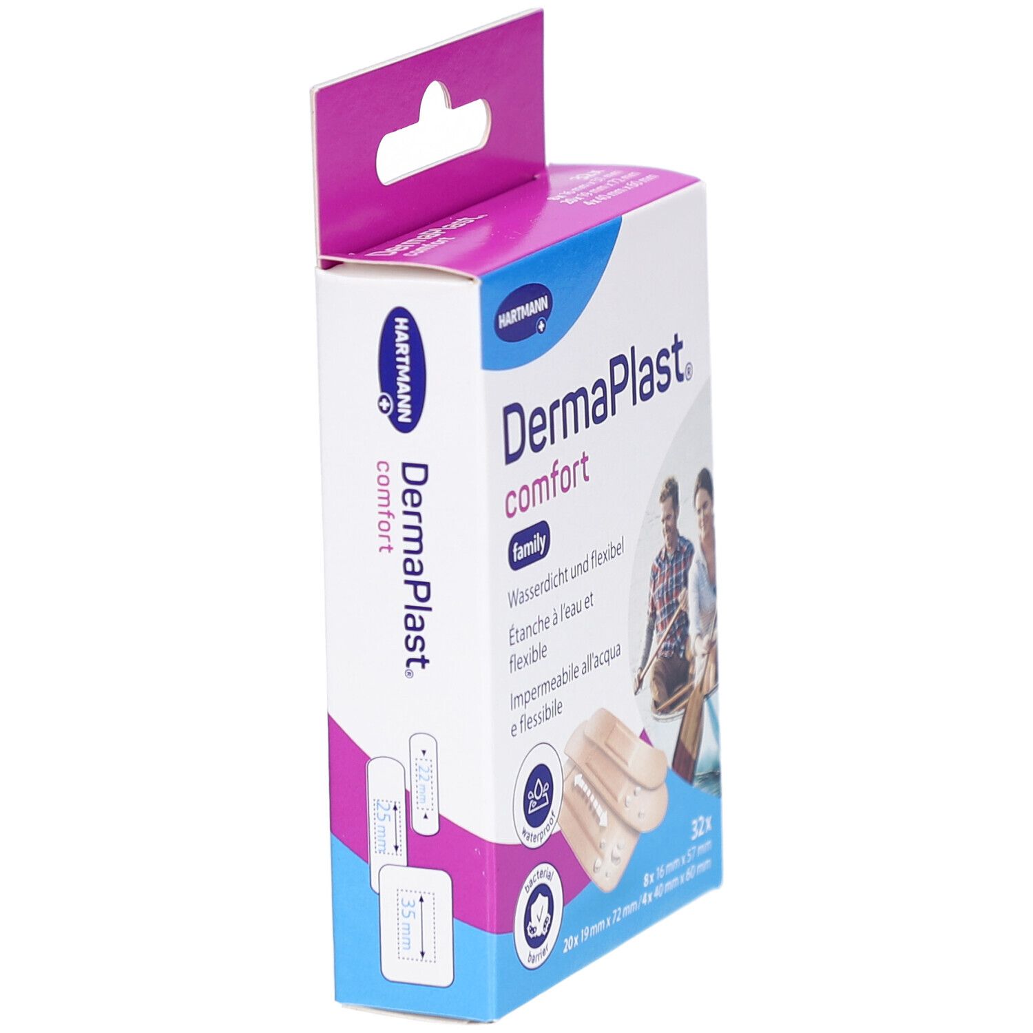 Seitenansicht der DermaPlast Comfort Family Pflaster-Verpackung. Zeigt Größenangaben der Pflaster. Wasserdicht und flexibel.