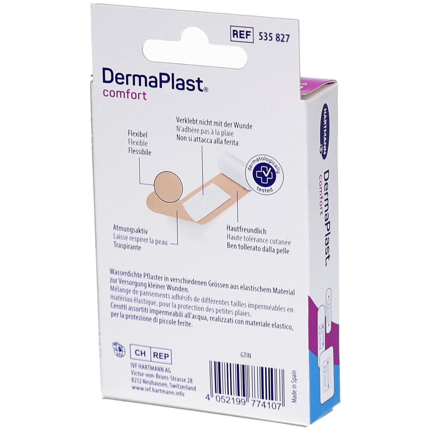Rückseite der DermaPlast Comfort Family Pflaster-Verpackung. Zeigt Illustrationen und Text. Flexibel, atmungsaktiv, hautfreundlich.