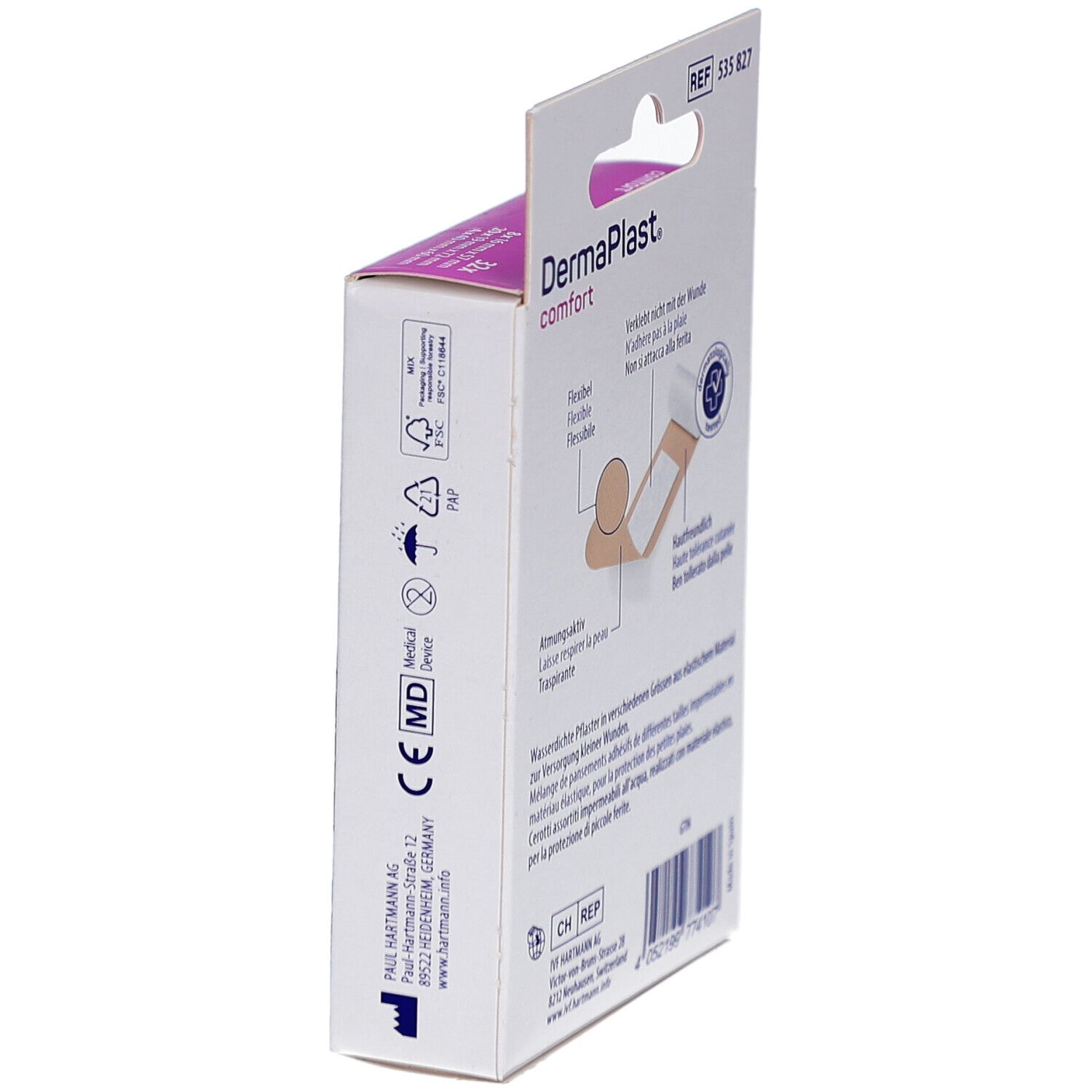 Seitenansicht der DermaPlast Comfort Family Pflaster-Verpackung. Zeigt Text und Logos. Medizinprodukt, flexibel, atmungsaktiv.
