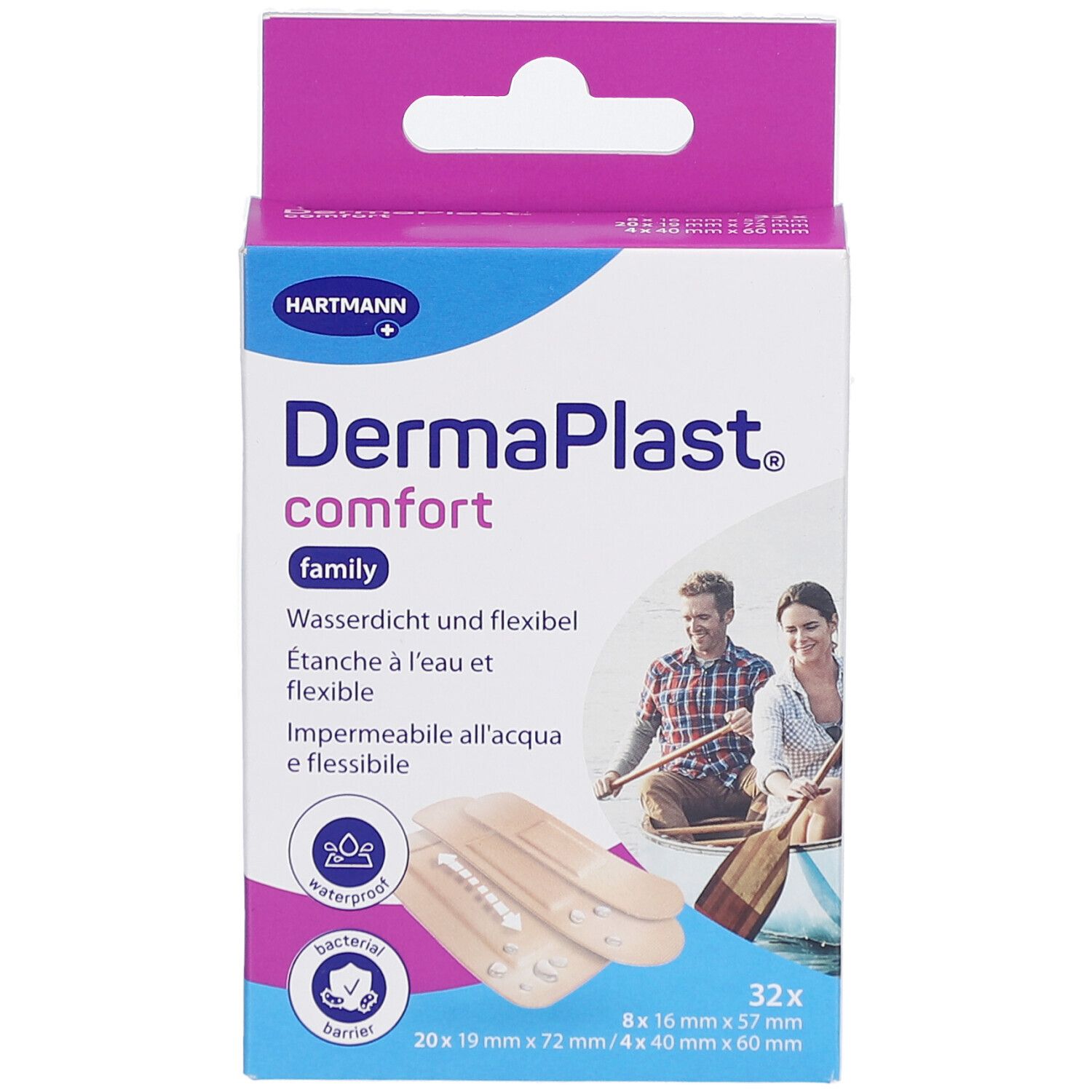Vorderansicht der DermaPlast Comfort Family Pflaster-Verpackung. Wasserdicht, flexibel. Enthält 32 Pflaster. Abbildung eines Paares im Boot.