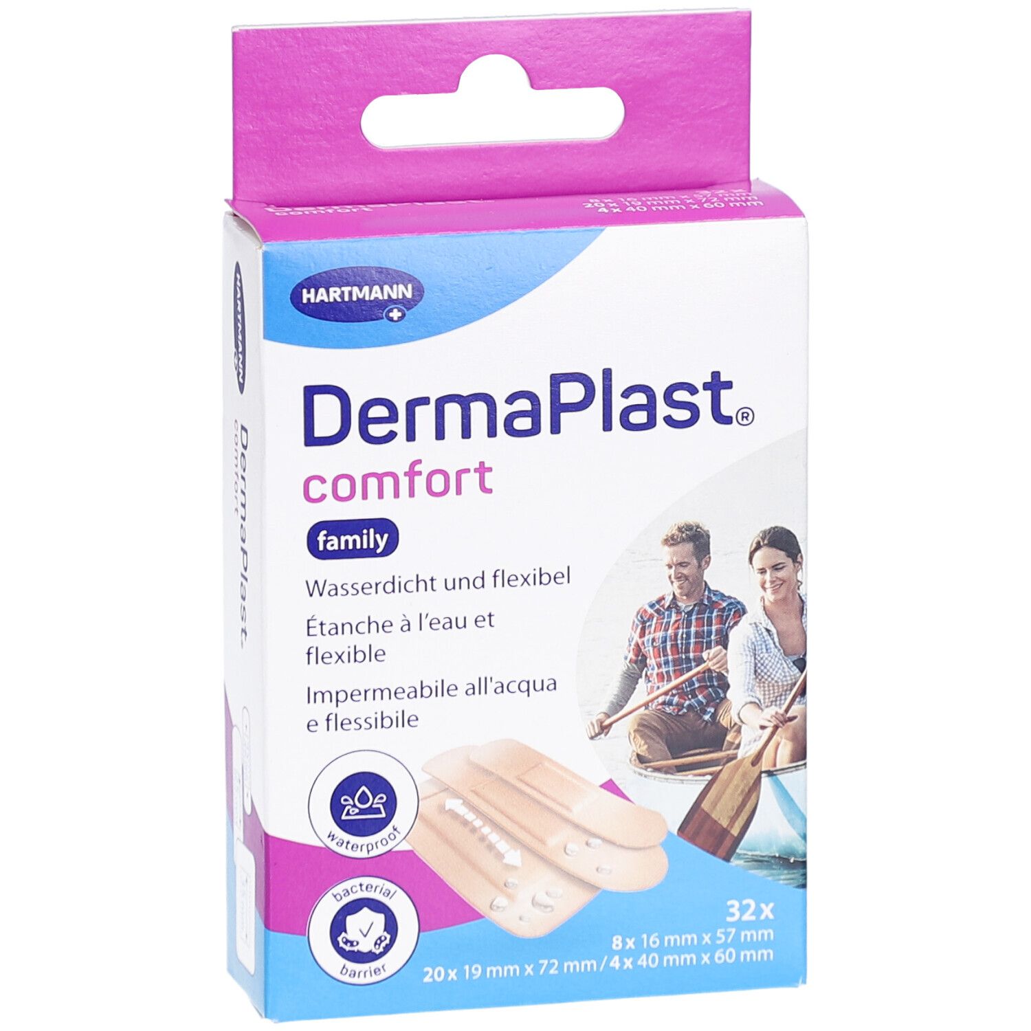Vorderansicht der DermaPlast Comfort Family Pflaster-Verpackung. Wasserdicht, flexibel. Enthält 32 Pflaster. Abbildung eines Paares im Boot.