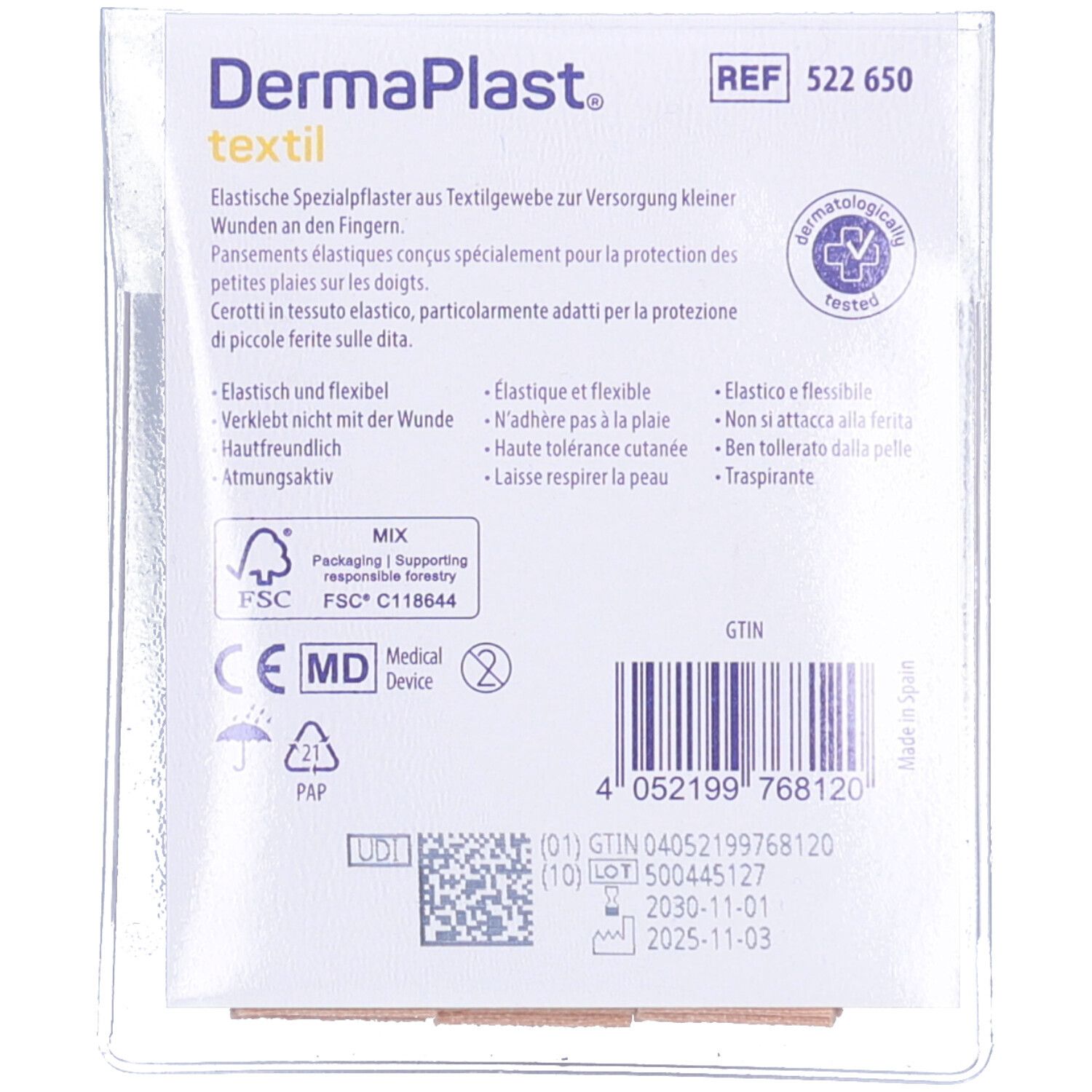 Rückseite der Dermaplast Textil Finger Pflaster Verpackung. Text, Zertifizierungen, Barcode, Chargennummer, Haltbarkeitsdatum.