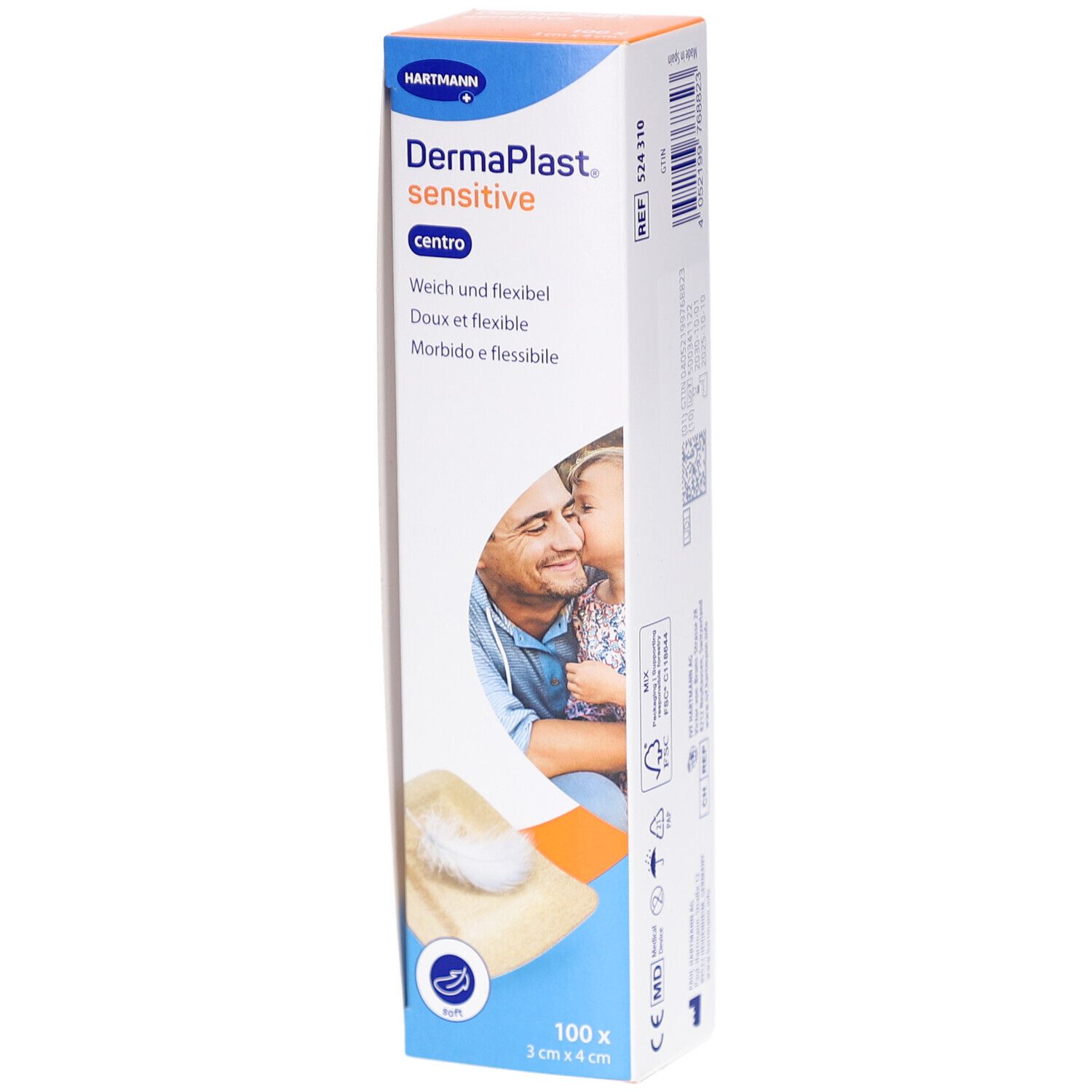 Boîte de pansements DermaPlast Sensitive Centro. Nom du produit, taille 3x4 cm, et image d'un couple. Contient 100 pansements.