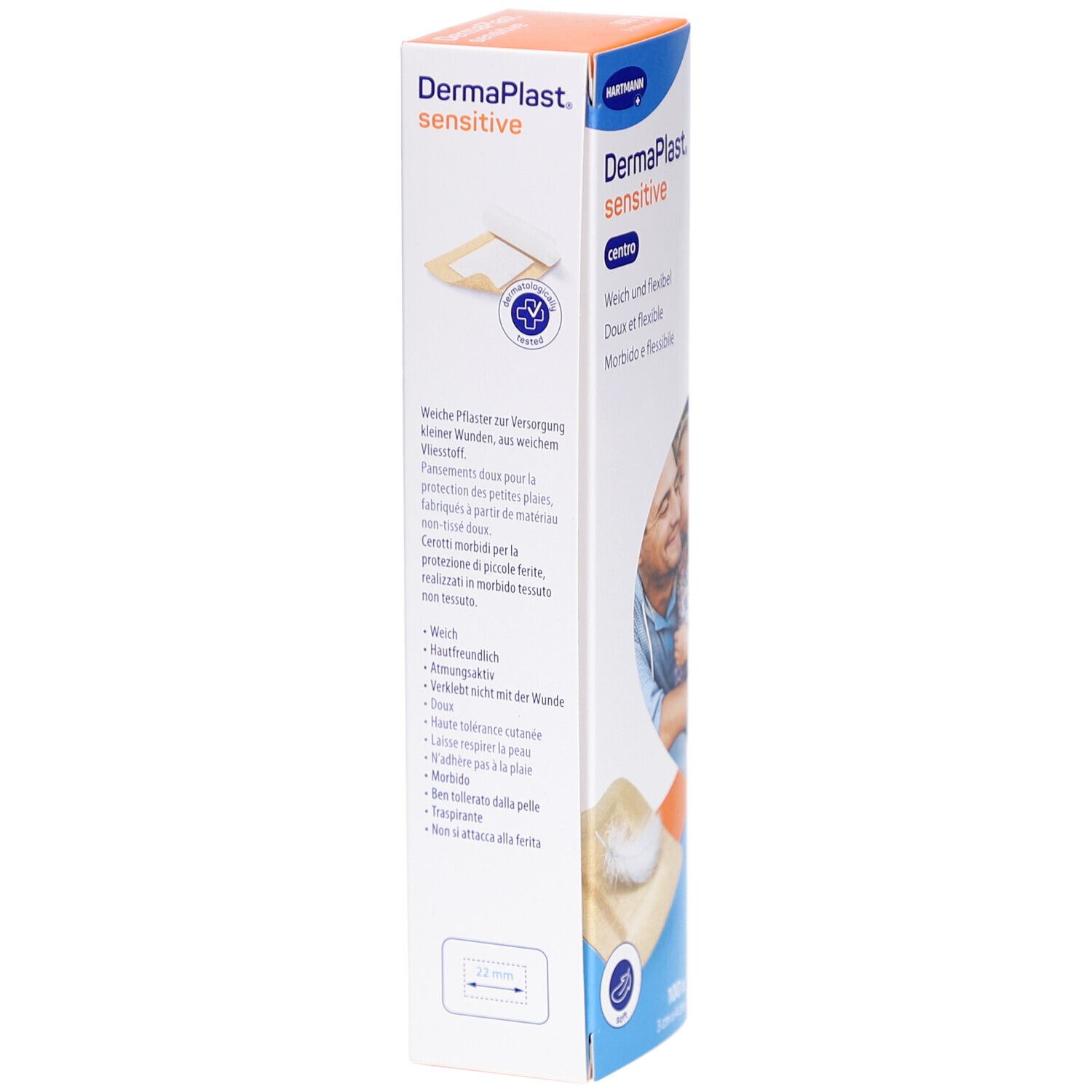 Côté de la boîte de pansements DermaPlast Sensitive Centro. Texte en allemand, français, italien. Affiche les caractéristiques et un logo.
