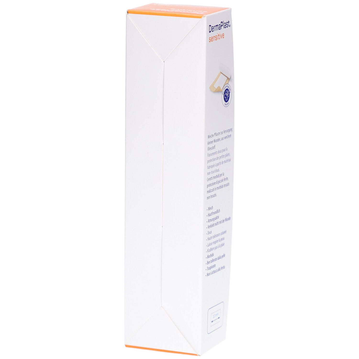 Boîte blanche de pansements DermaPlast Sensitive Centro. Côté avec texte et logo. Couvercle orange.