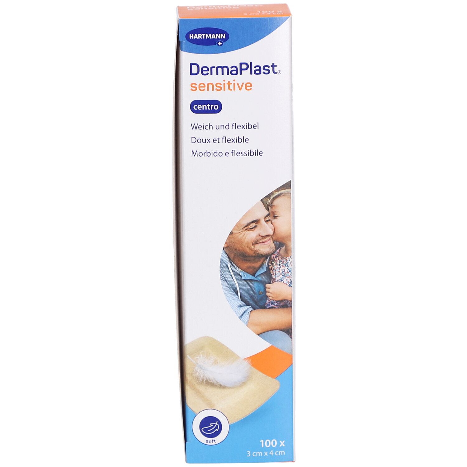 Boîte de pansements DermaPlast Sensitive Centro. Nom du produit, taille 3x4 cm, et image d'un couple. Contient 100 pansements.