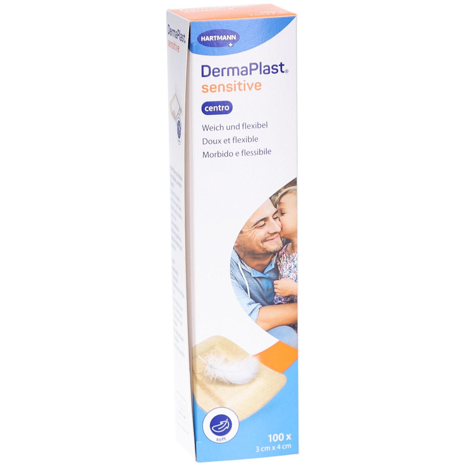 Boîte de pansements DermaPlast Sensitive Centro. Nom du produit, taille 3x4 cm, et image d'un couple. Contient 100 pansements.