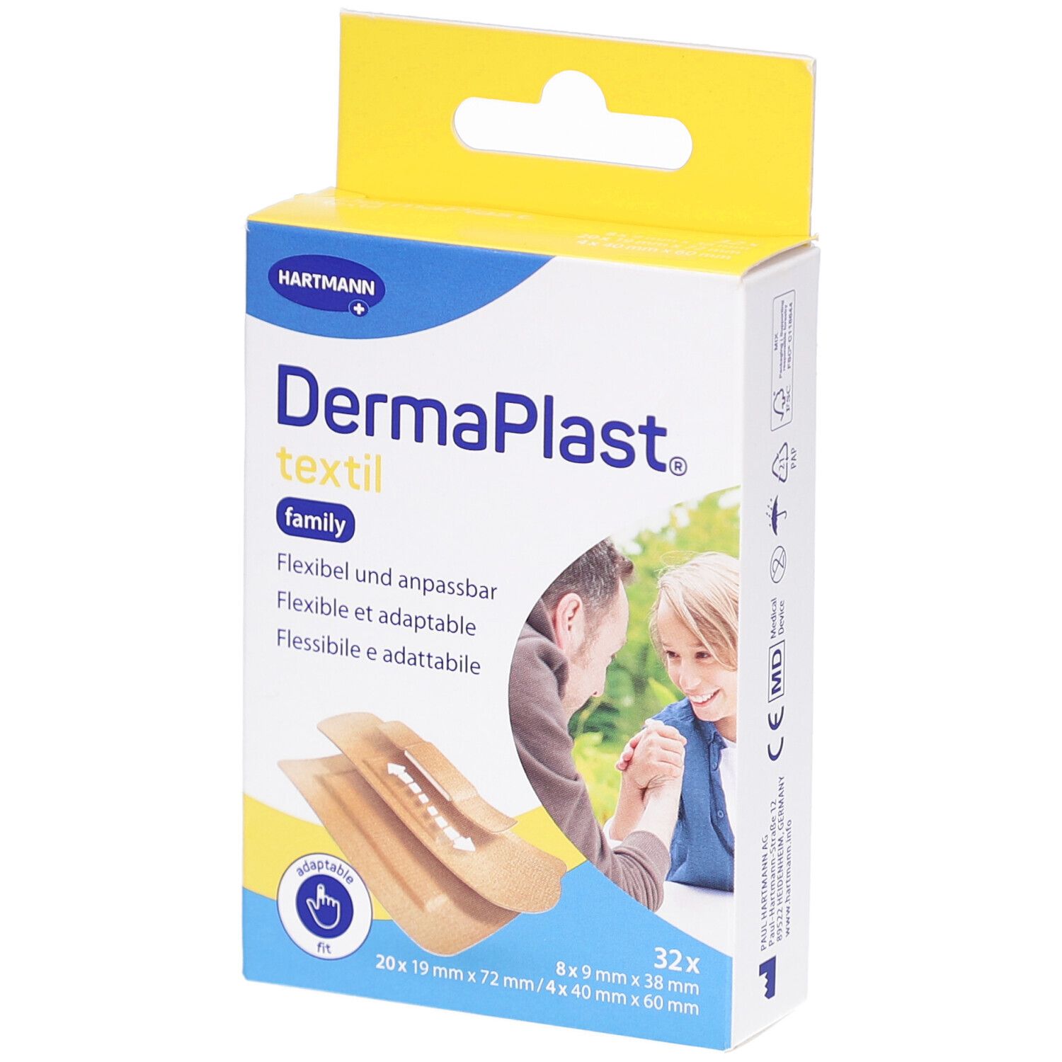Verpackung von DermaPlast textil family. Enthält Pflaster in verschiedenen Größen. Gelb-weiße Schachtel mit Produktnamen und Logo.