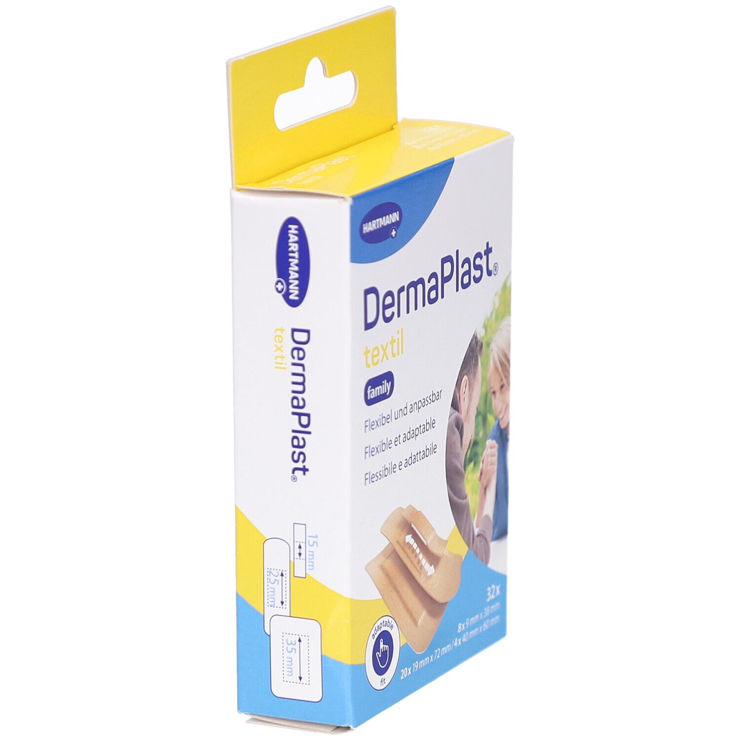 Seitenansicht der DermaPlast textil family Verpackung. Zeigt Produktnamen, Logo und Größenangaben der Pflaster.