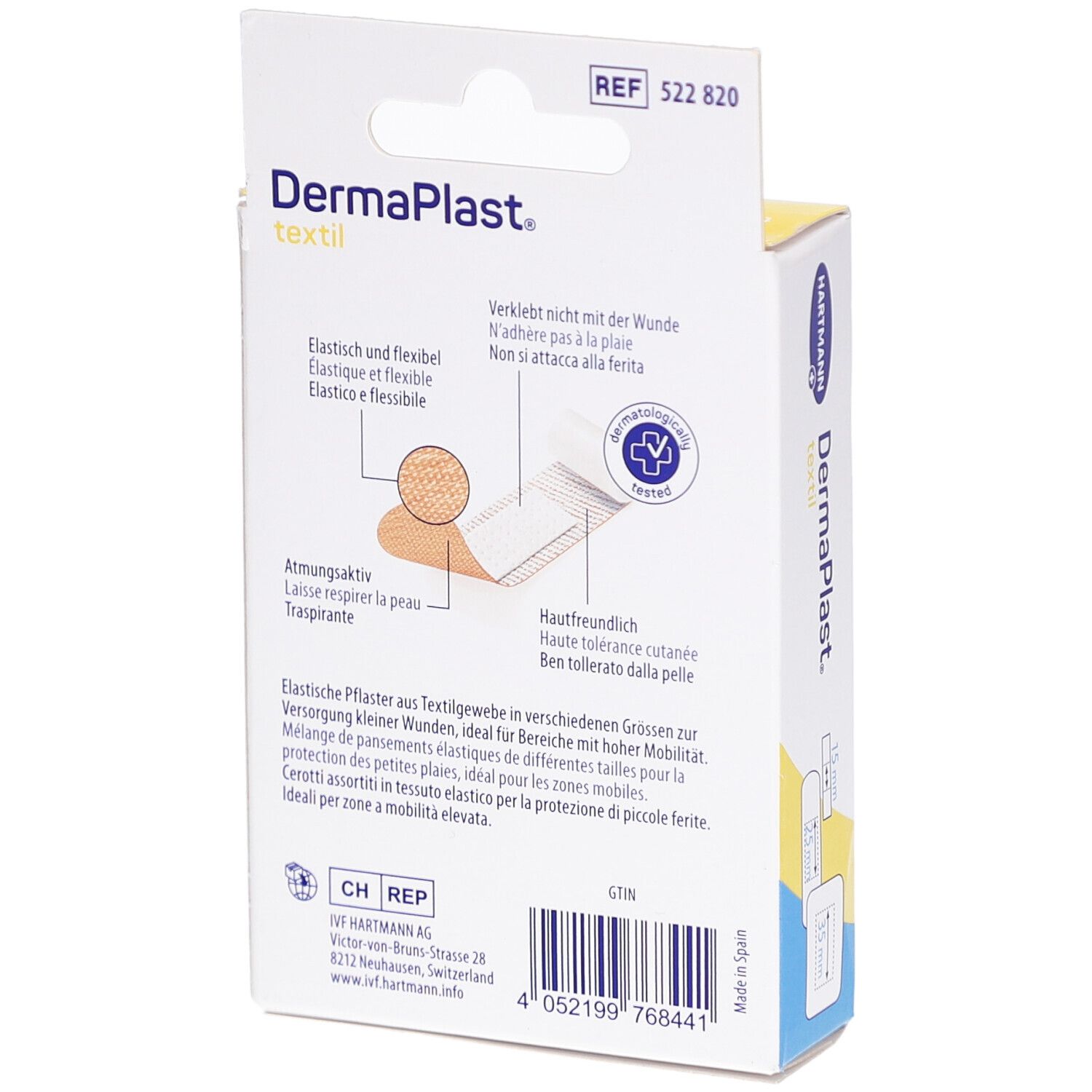 Rückseite der DermaPlast textil family Verpackung. Enthält Informationen zu Eigenschaften und Anwendung der Pflaster.