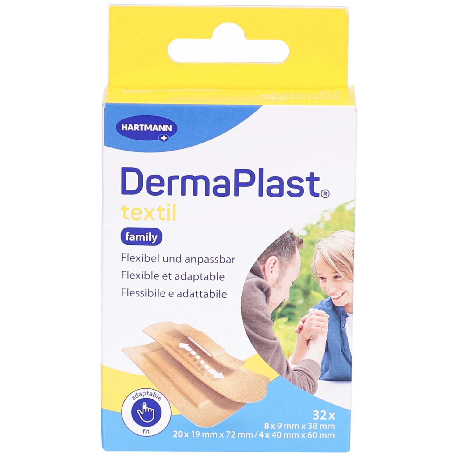 Vorderansicht der DermaPlast textil family Verpackung. Zeigt Produktnamen, Logo und Pflasterabbildung.
