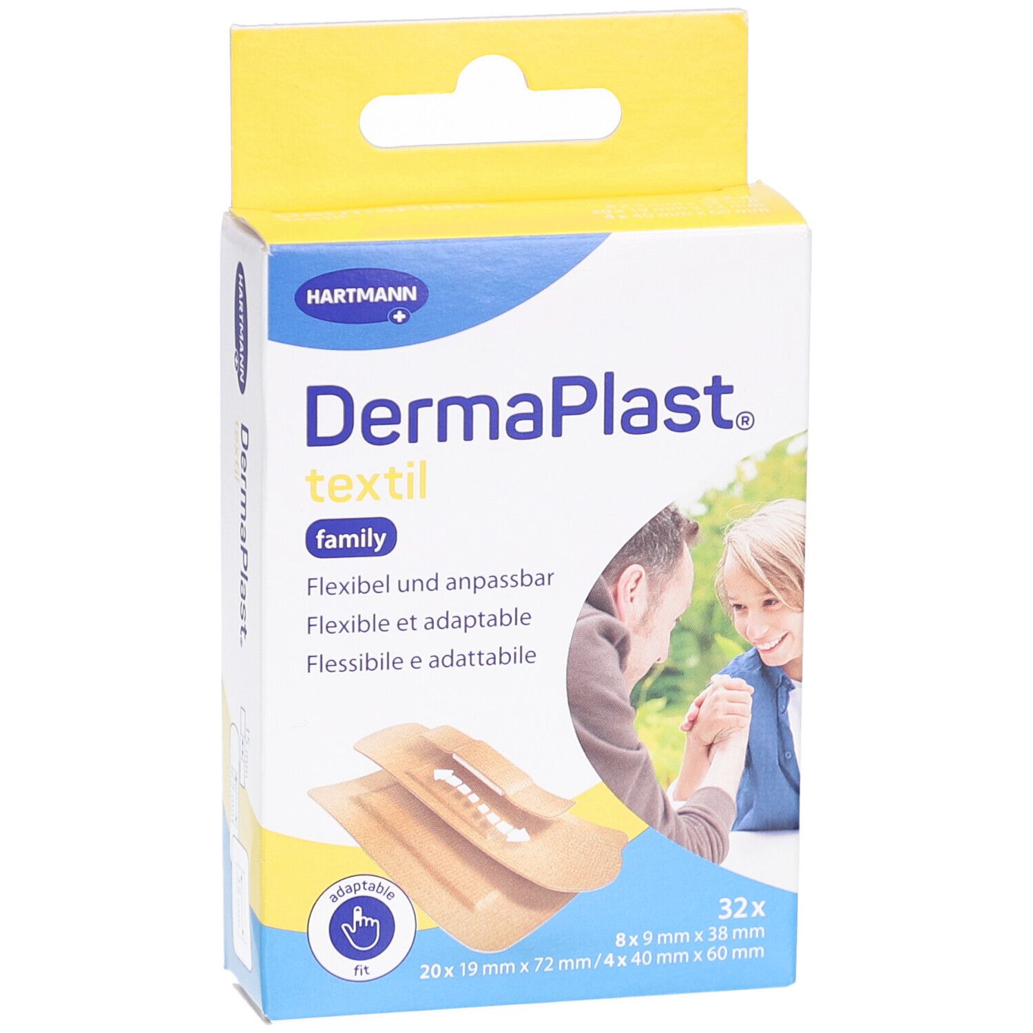 Vorderansicht der DermaPlast textil family Verpackung. Zeigt Produktnamen, Logo und Pflasterabbildung.