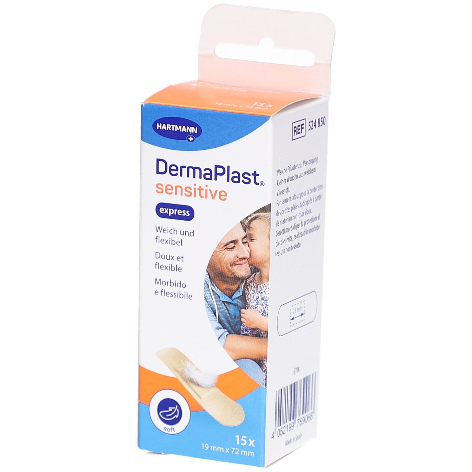 Verpackung von DERMAPLAST® sensitive express. Enthält 15 Pflaster, 19 mm x 72 mm. Marke HARTMANN. Abbildung eines Mannes und Kind.
