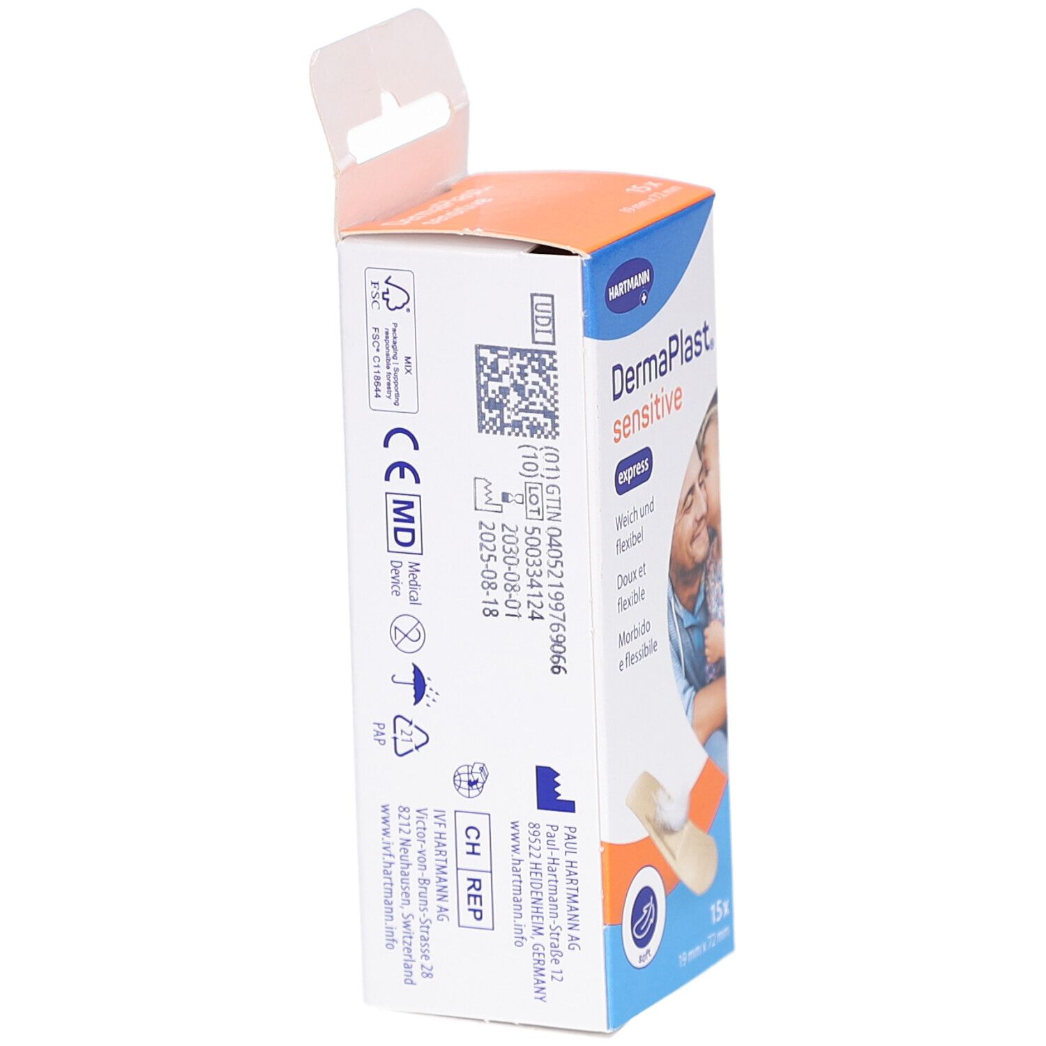 Rückseite der DERMAPLAST® sensitive express Verpackung. Enthält Informationen, CE-Kennzeichnung, Chargennummer und Verfallsdatum.