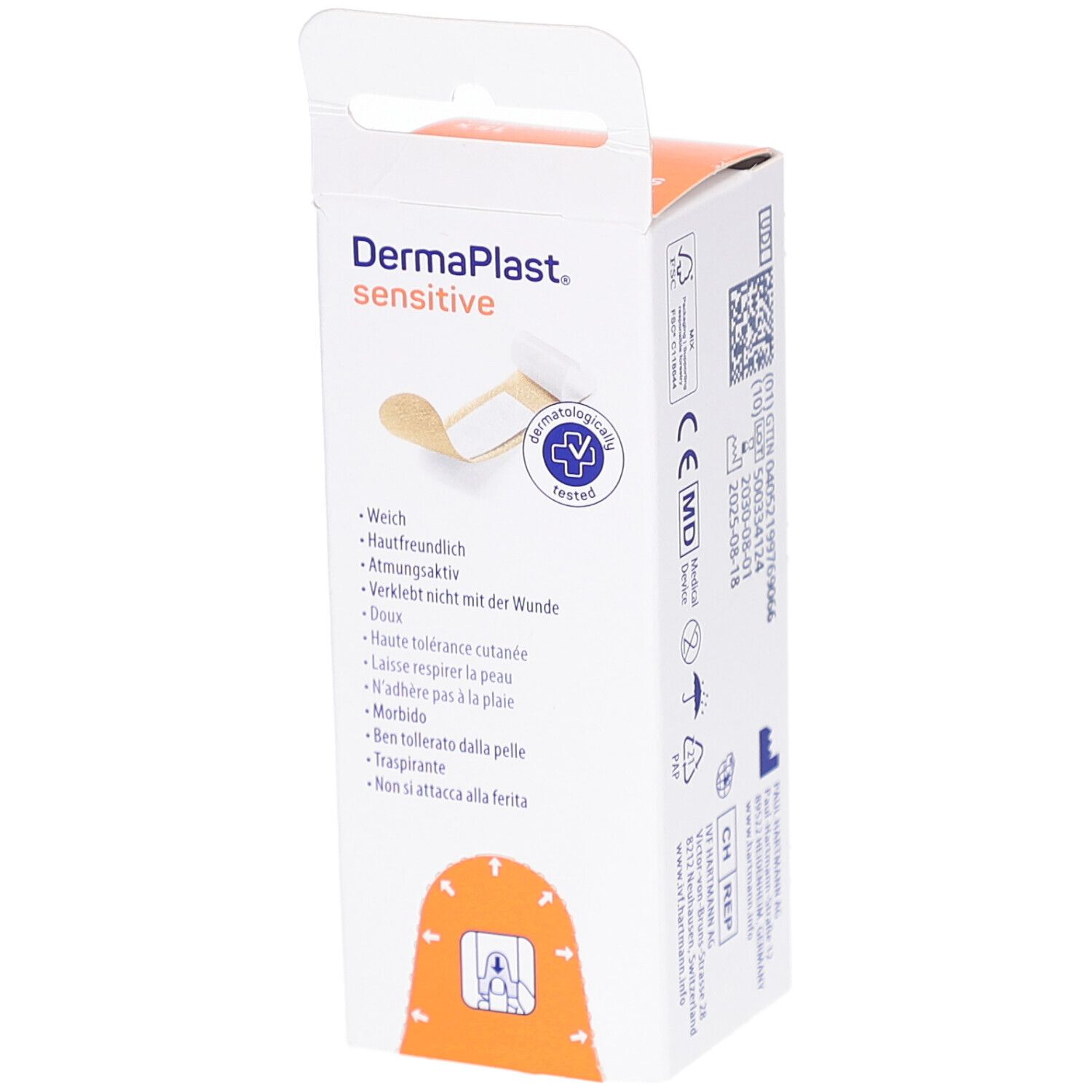 DERMAPLAST® sensitive express Verpackung. Produktmerkmale: weich, hautfreundlich, atmungsaktiv. Mit CE-Kennzeichnung.