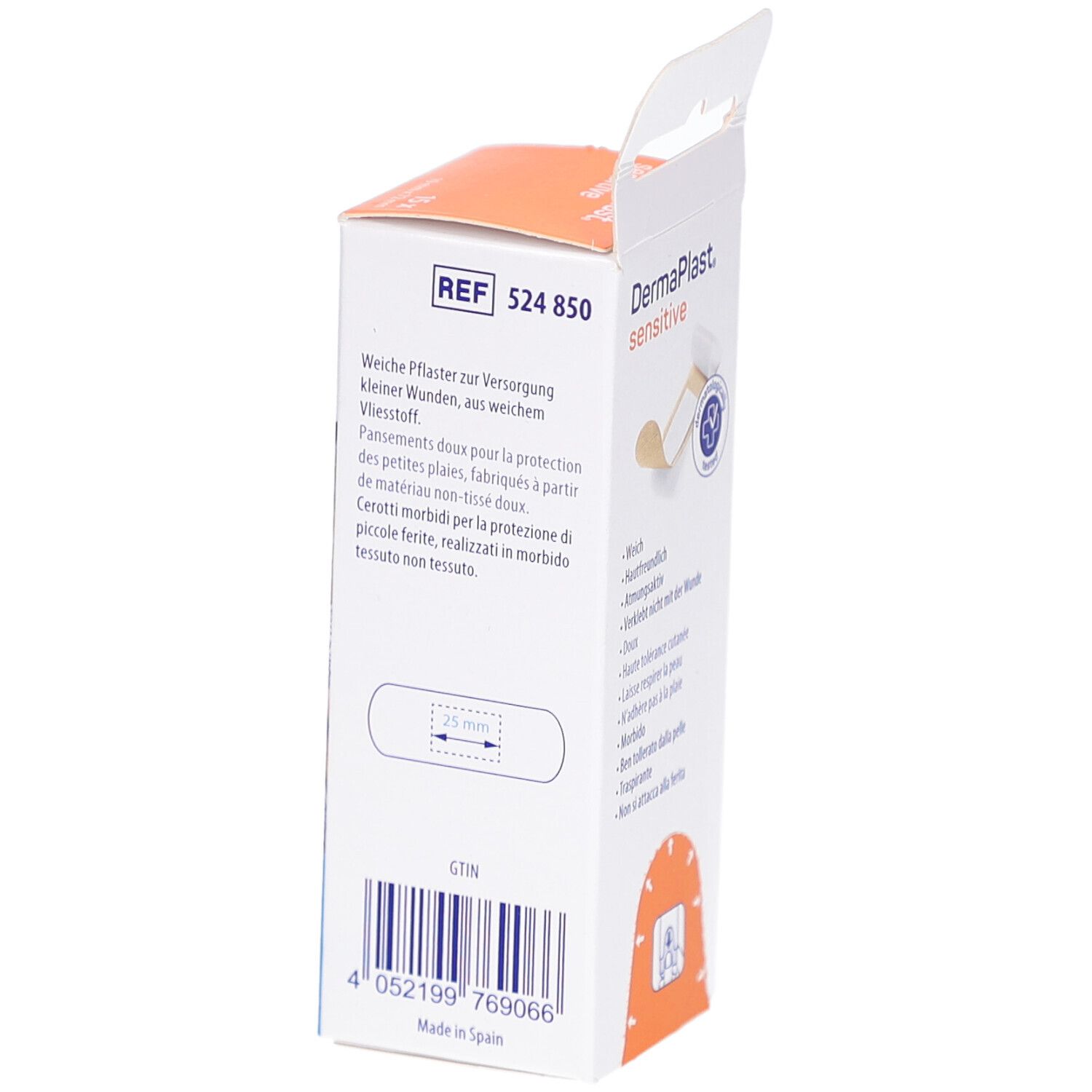Rückseite der DERMAPLAST® sensitive express Verpackung. Enthält Informationen und Größenangabe 19 mm x 72 mm.
