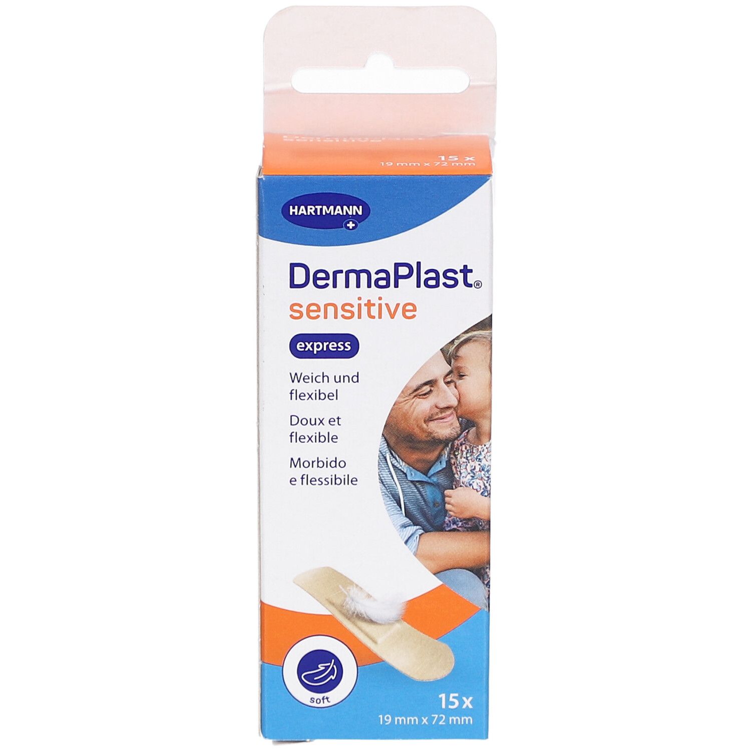 DERMAPLAST® sensitive express Verpackung. Marke HARTMANN. Enthält 15 Pflaster, 19 mm x 72 mm. Abbildung Mann und Kind.