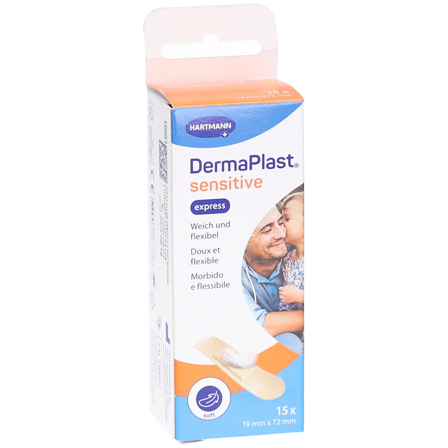 DERMAPLAST® sensitive express Verpackung. Marke HARTMANN. Enthält 15 Pflaster, 19 mm x 72 mm. Abbildung Mann und Kind.