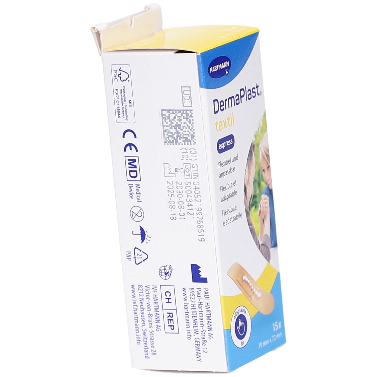 Seitenansicht der Dermaplast textil express Pflaster Verpackung. Informationen zu Hersteller und Zertifizierungen.