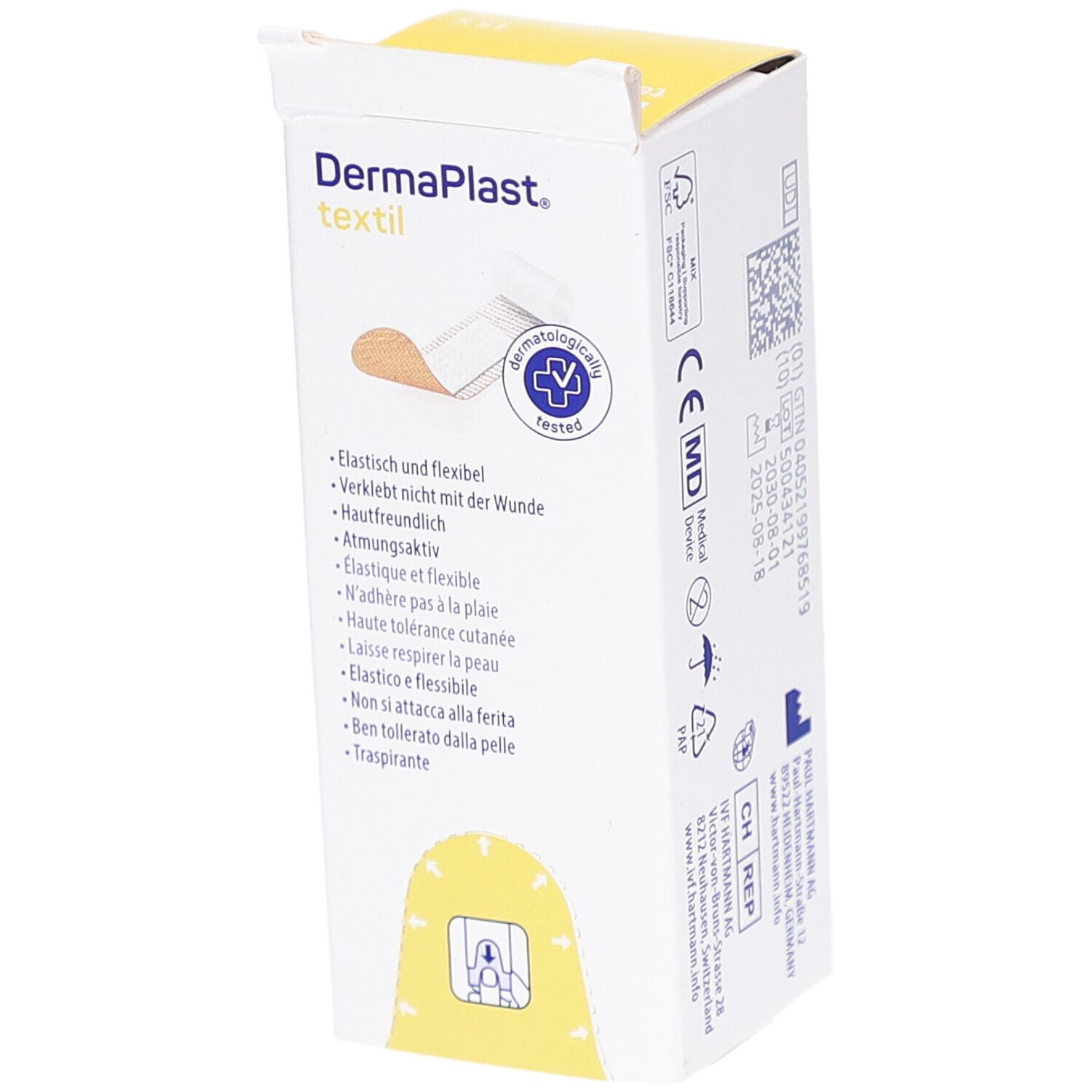 Rückseite der Dermaplast textil express Pflaster Verpackung. Produktmerkmale und Zertifizierungen.