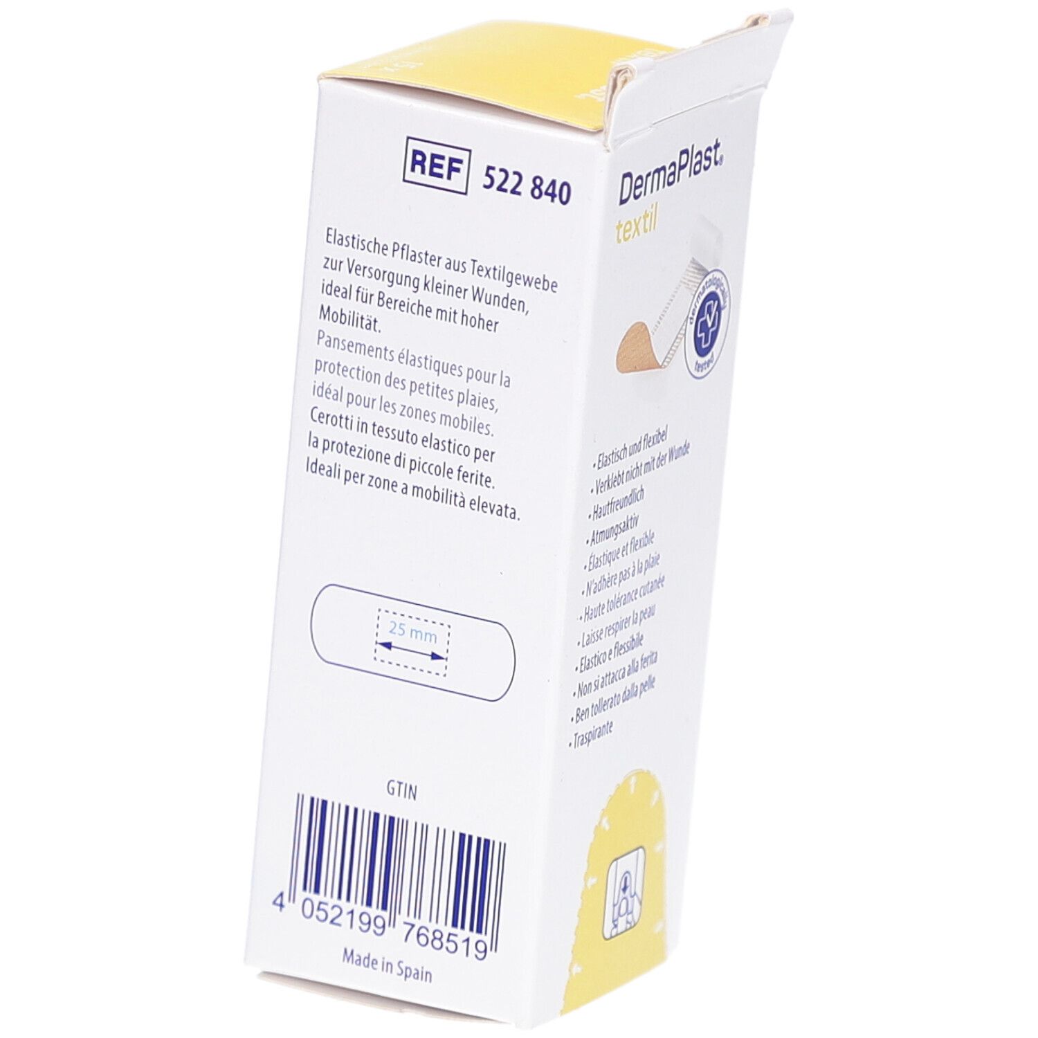 Seitenansicht der Dermaplast textil express Pflaster Verpackung. Produktinformationen und Größenangabe.