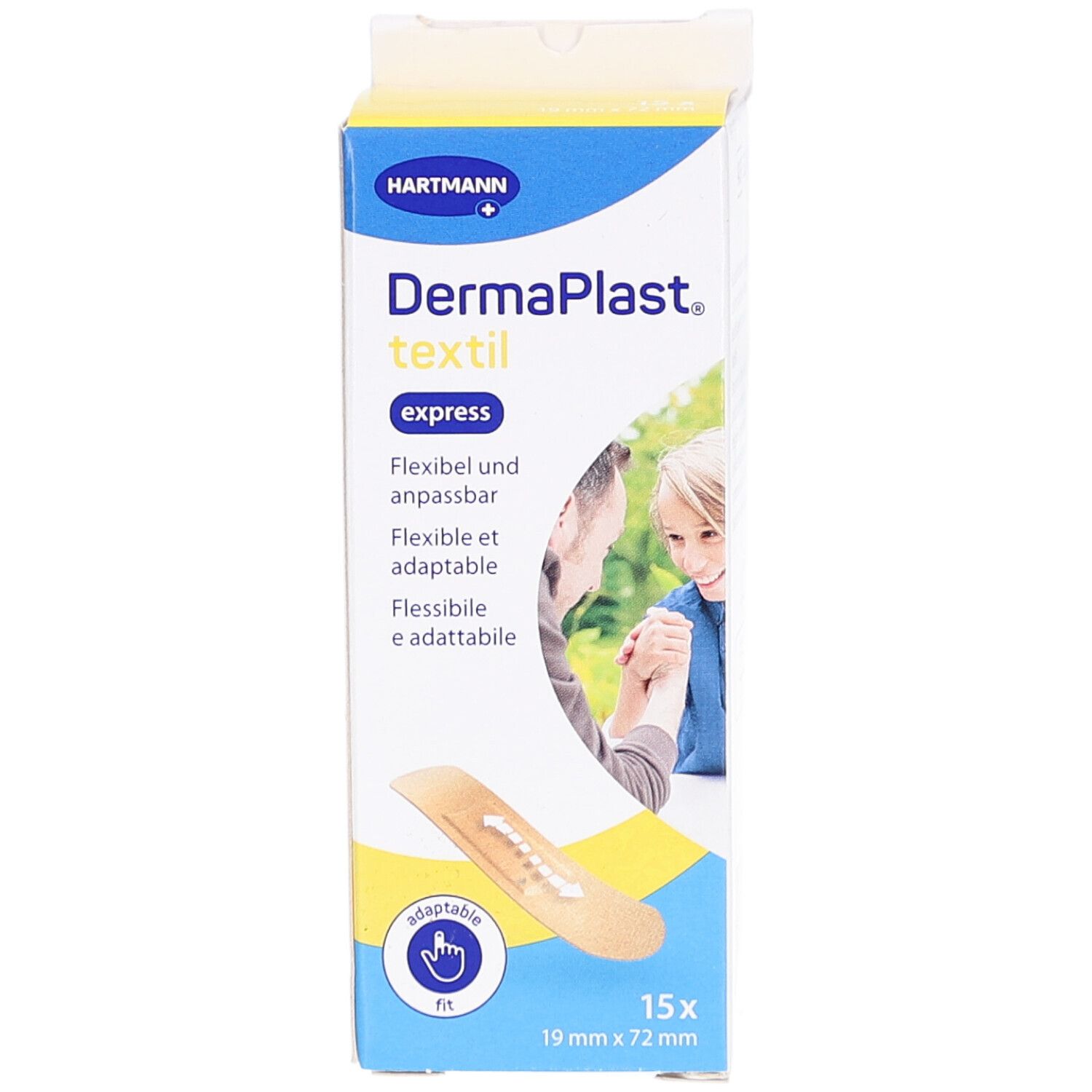 Dermaplast textil express Pflaster Verpackung. Produktabbildung, Größenangabe und Marke Hartmann.