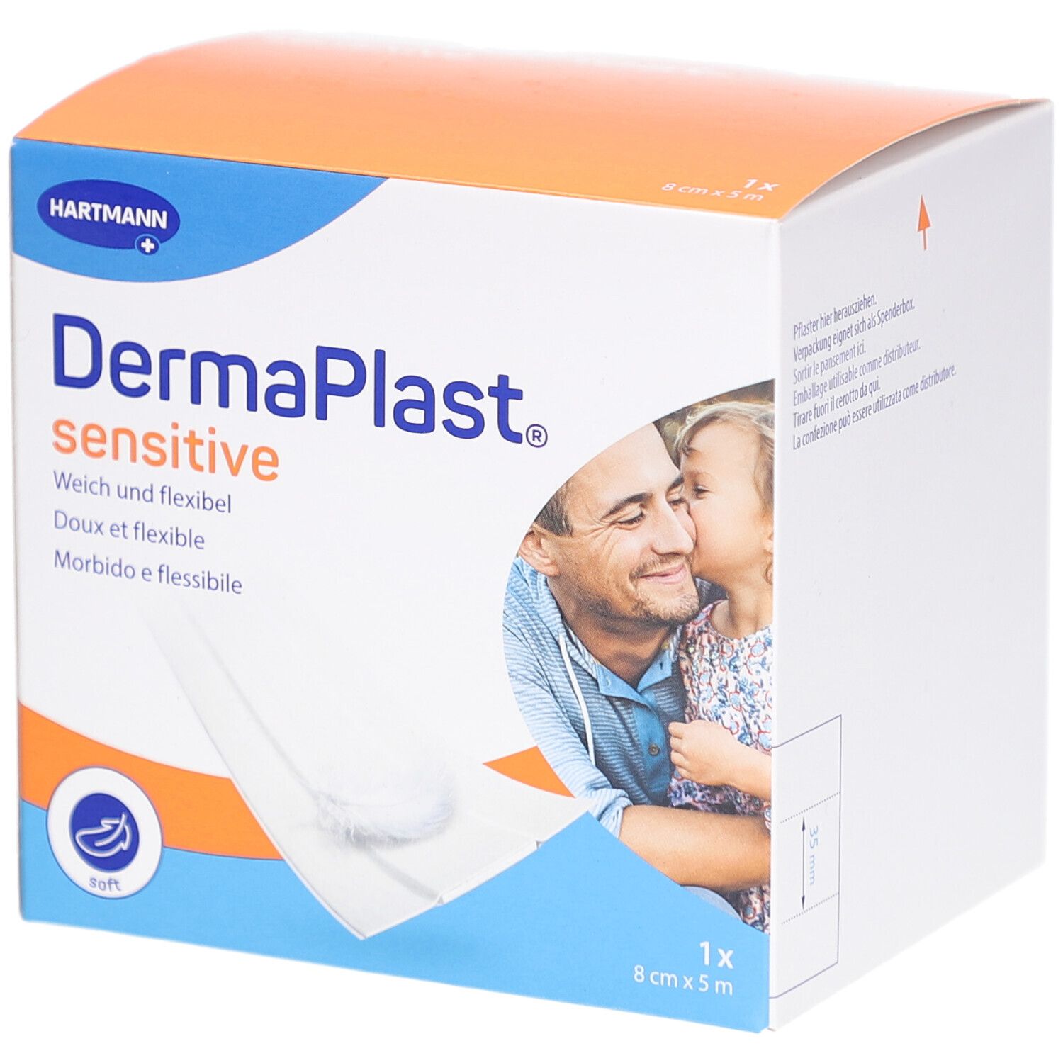 Verpackung von DERMAPLAST® sensitive. Größe 8 cm x 5 m. Blau-orangefarbene Schachtel mit Produktname und Abbildung.