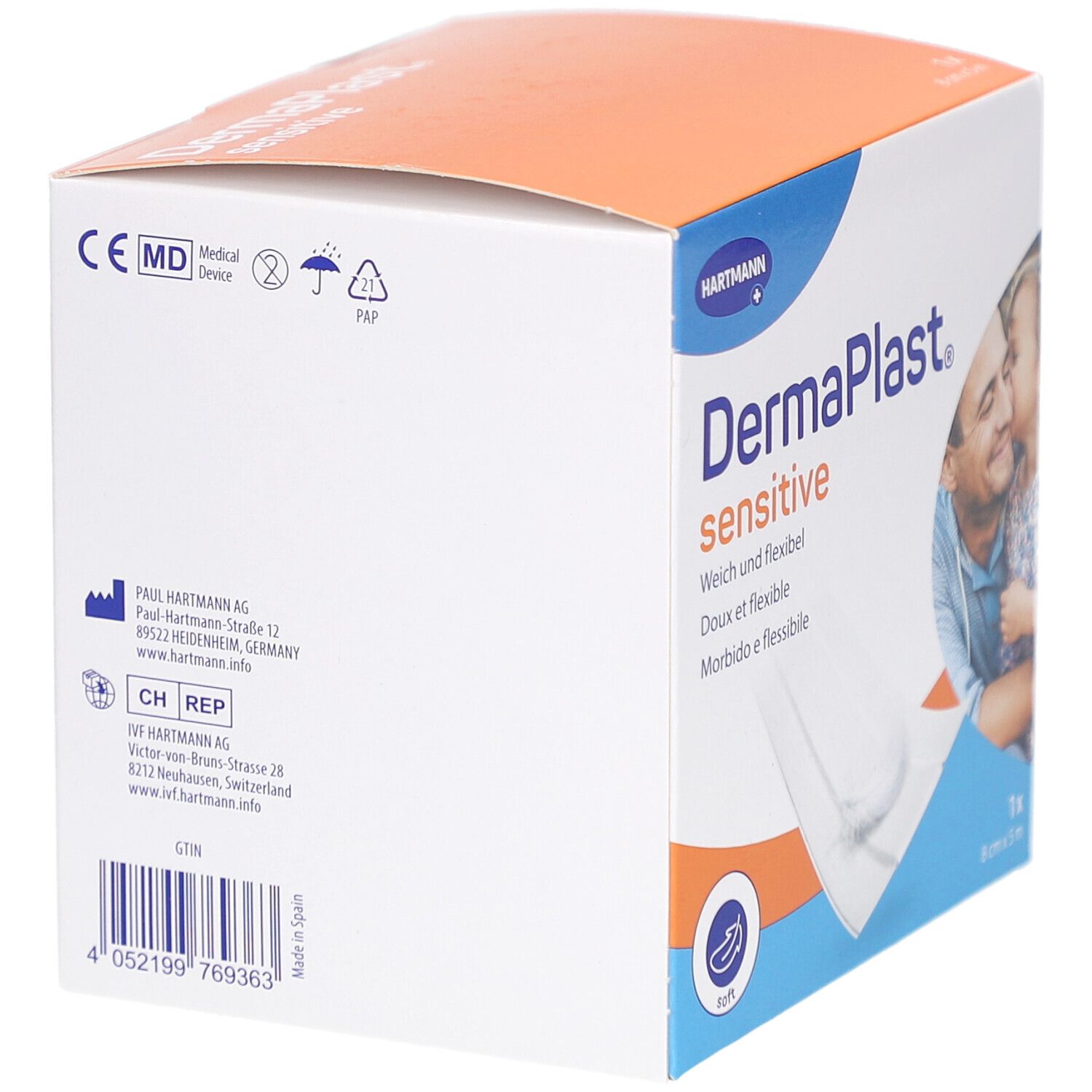 Rückseite der Verpackung von DERMAPLAST® sensitive. Enthält Informationen, Logos und CE-Kennzeichnung.