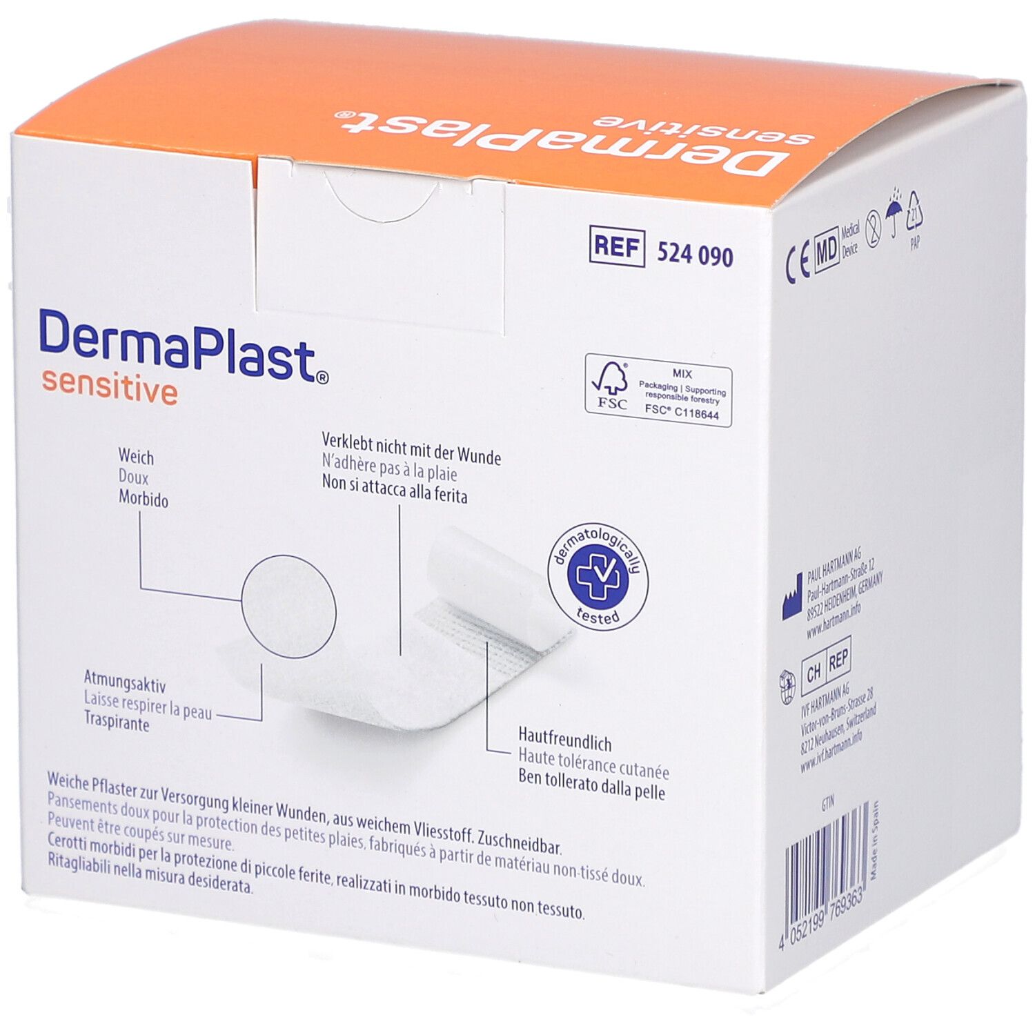 Verpackung von DERMAPLAST® sensitive. Zeigt Produktmerkmale und dermatologische Testung.