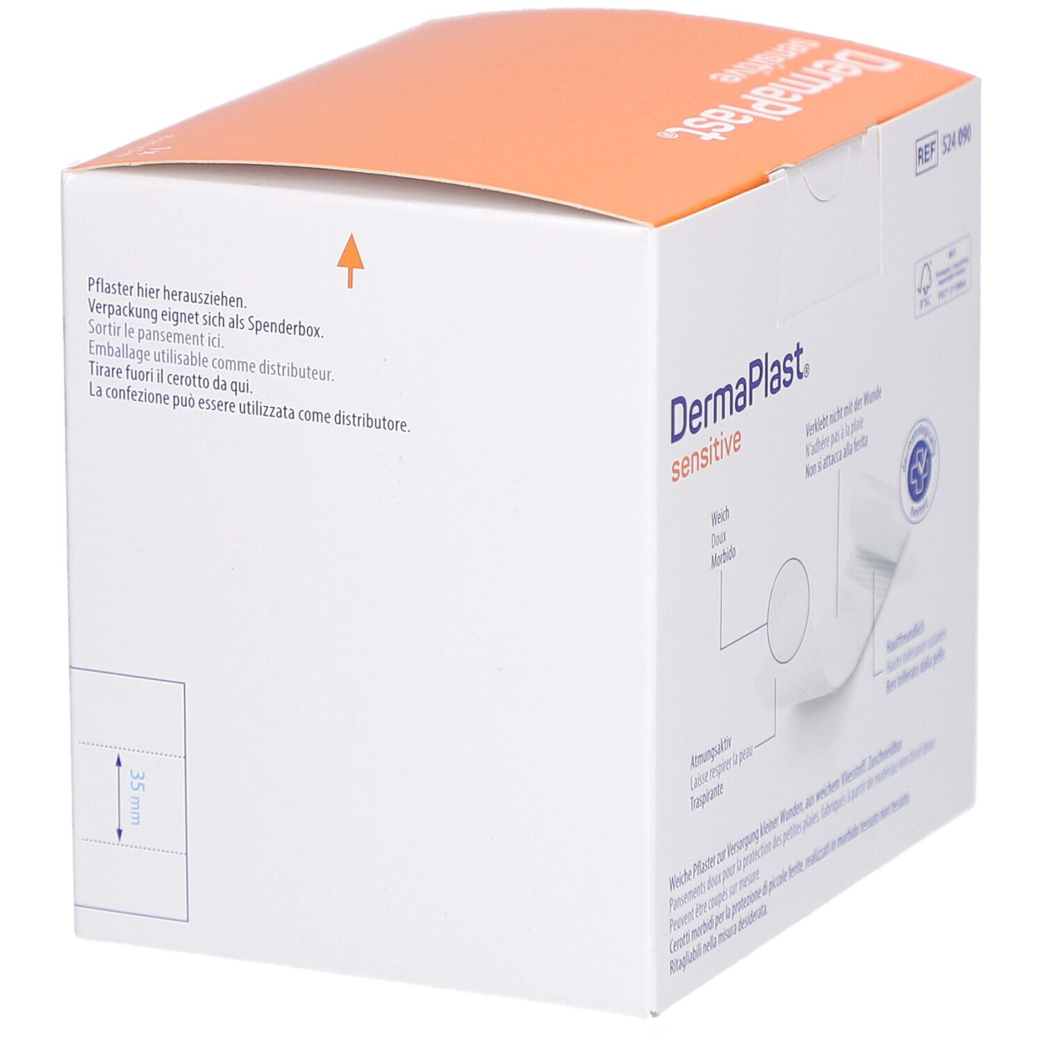 Verpackung von DERMAPLAST® sensitive. Zeigt eine Spenderfunktion und Produktmerkmale.