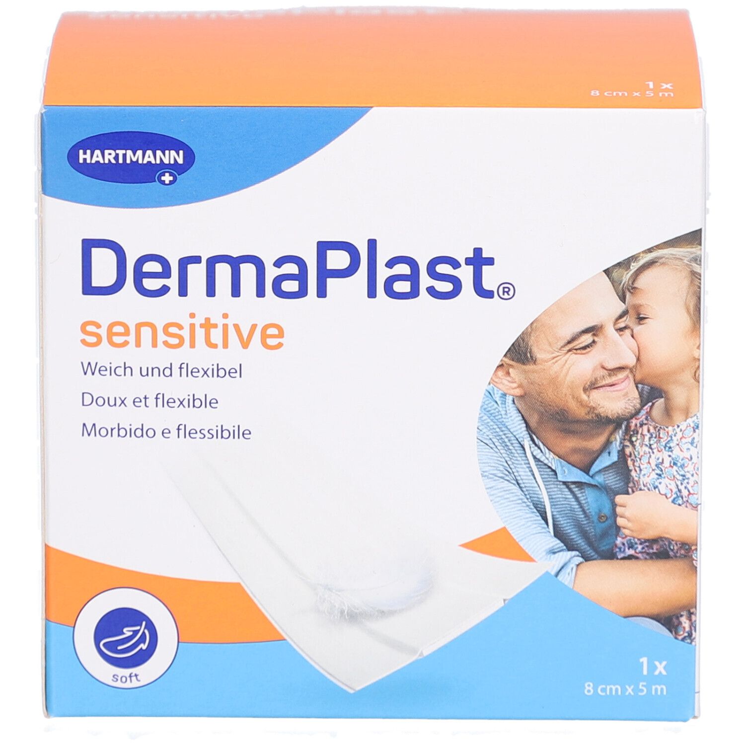 Vorderseite der Verpackung von DERMAPLAST® sensitive. Größe 8 cm x 5 m. Blau-orangefarbene Schachtel mit Produktname.