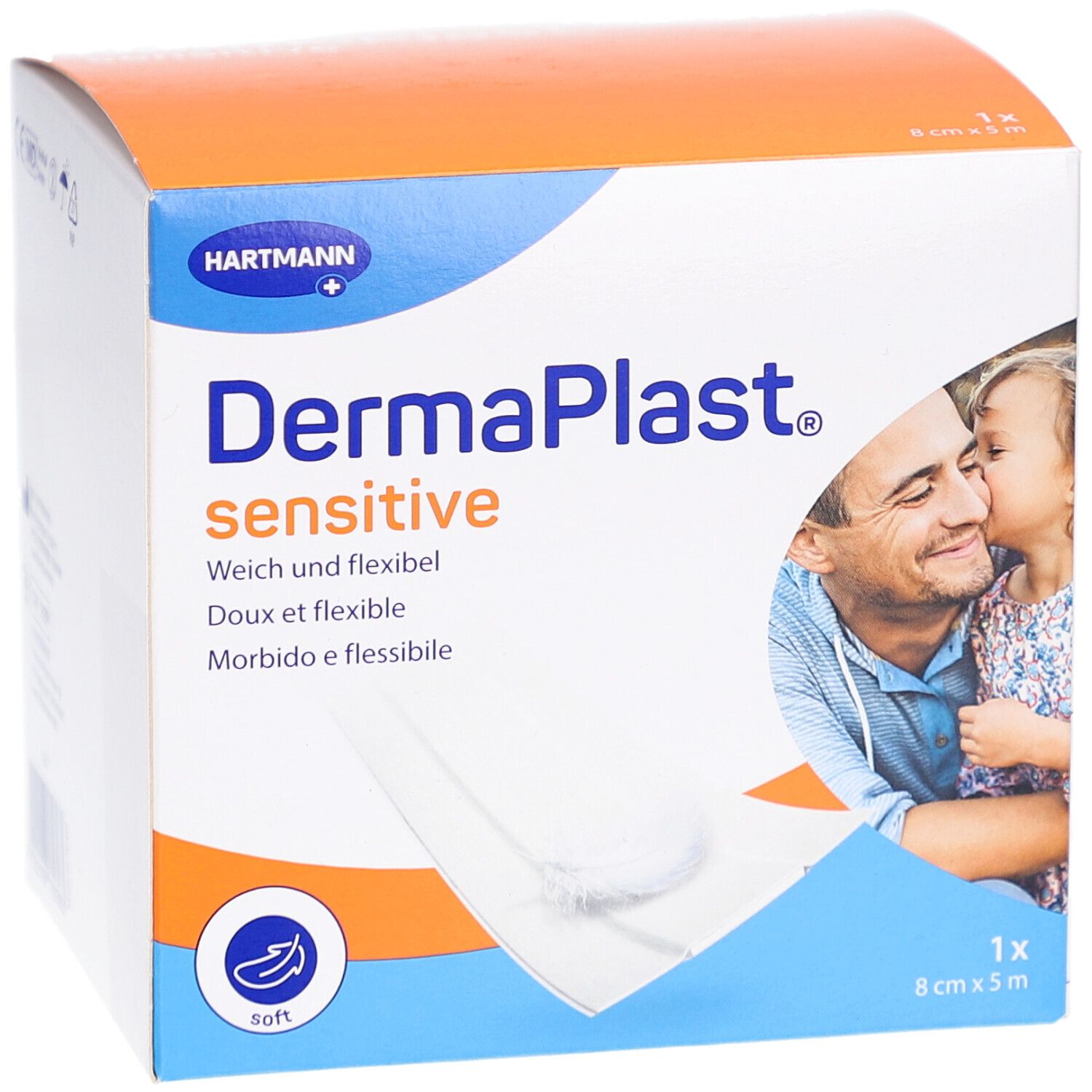 Verpackung von DERMAPLAST® sensitive. Größe 8 cm x 5 m. Blau-orangefarbene Schachtel mit Produktname und Abbildung.