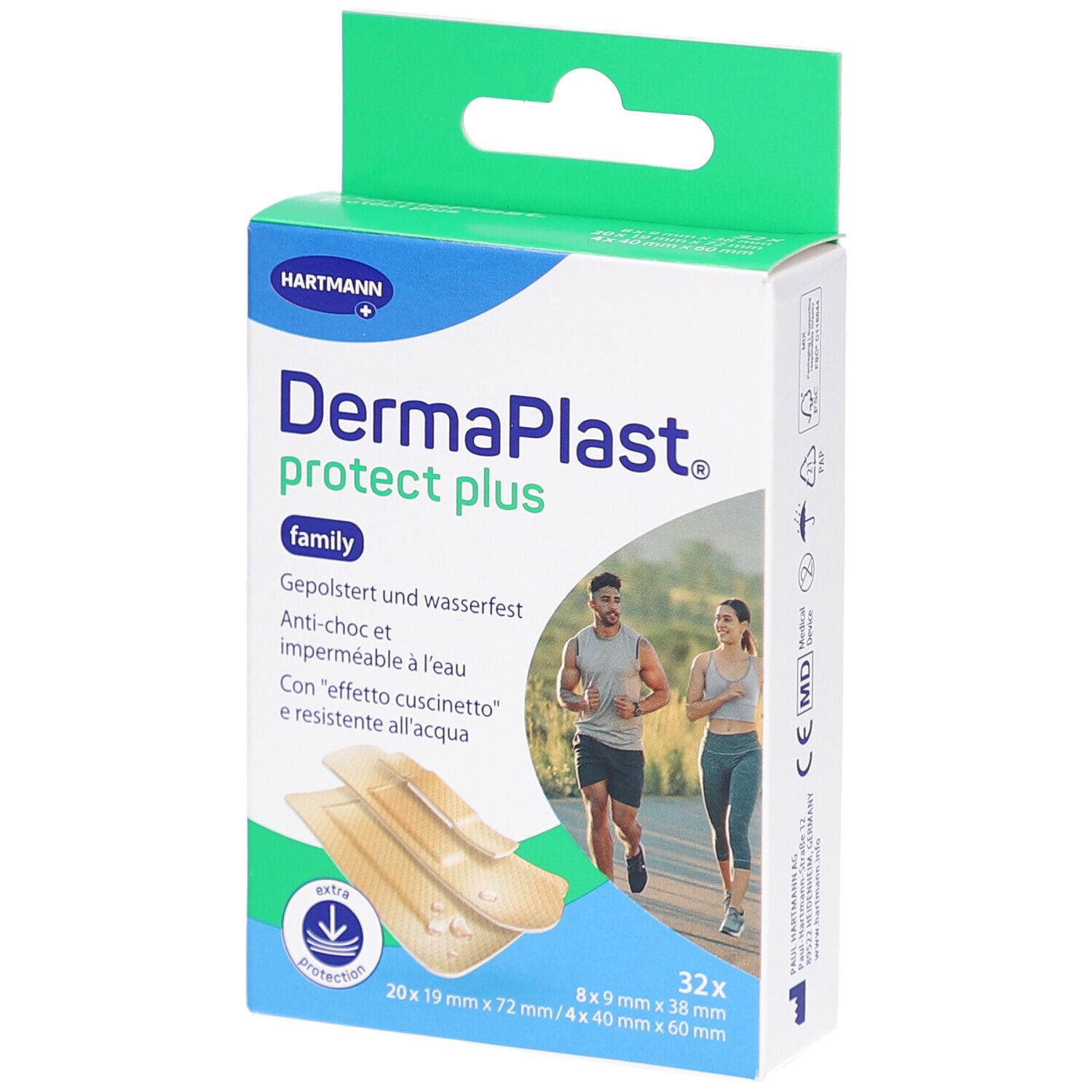 Verpackung von DERMAPLAST® protect plus family. Enthält 32 Pflaster. Grün-weiße Schachtel mit Produktabbildung und Läufern.