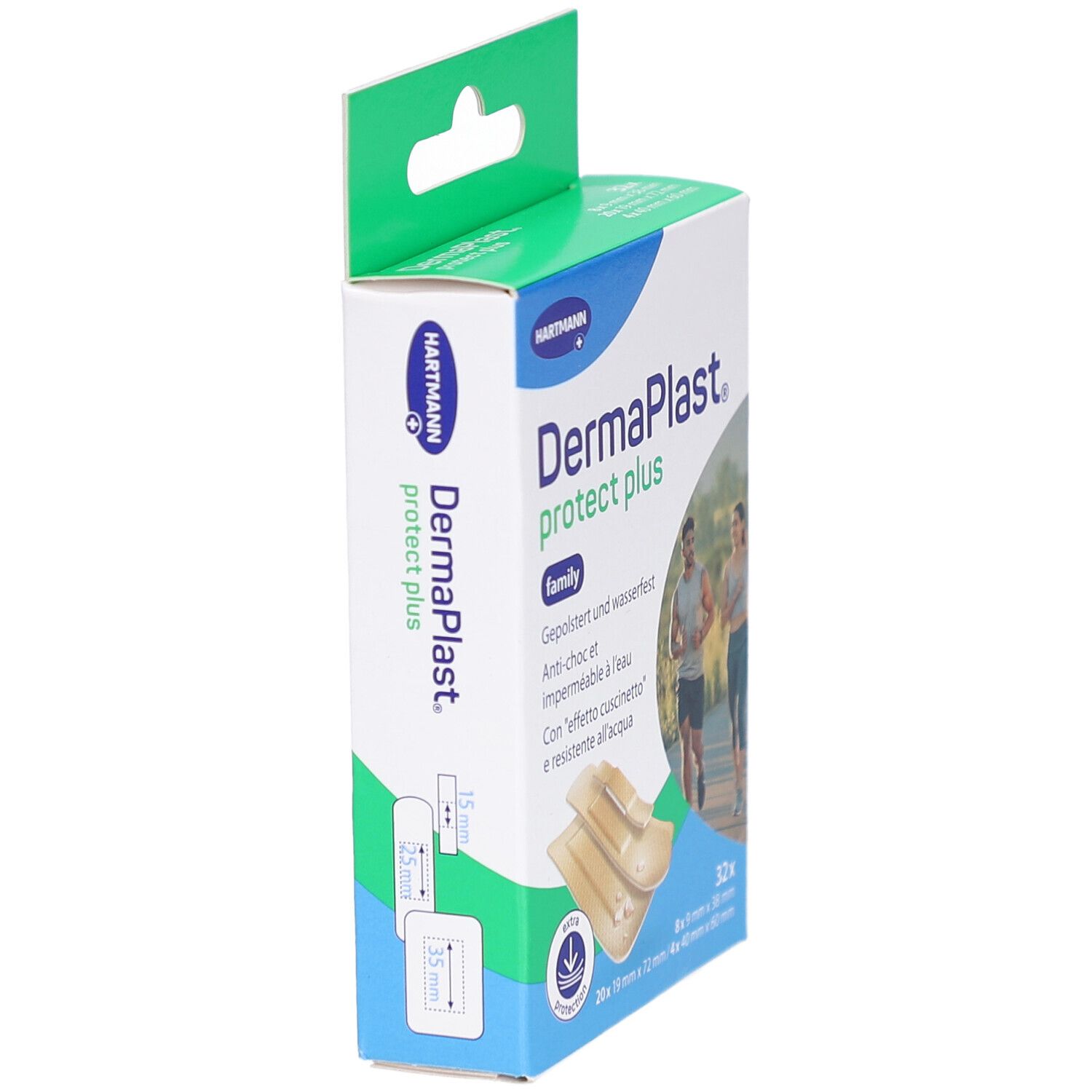 Seitenansicht der Verpackung von DERMAPLAST® protect plus family. Zeigt Produktinformationen und eine Abbildung von Pflastern.